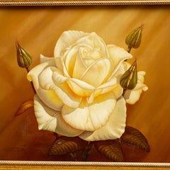 Óleo sobre lienzo enmarcado del siglo XX - Una rosa blanca realista de Myung "Mario" Jung