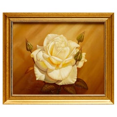 Óleo sobre lienzo enmarcado del siglo XX - Una rosa blanca realista de Myung "Mario" Jung
