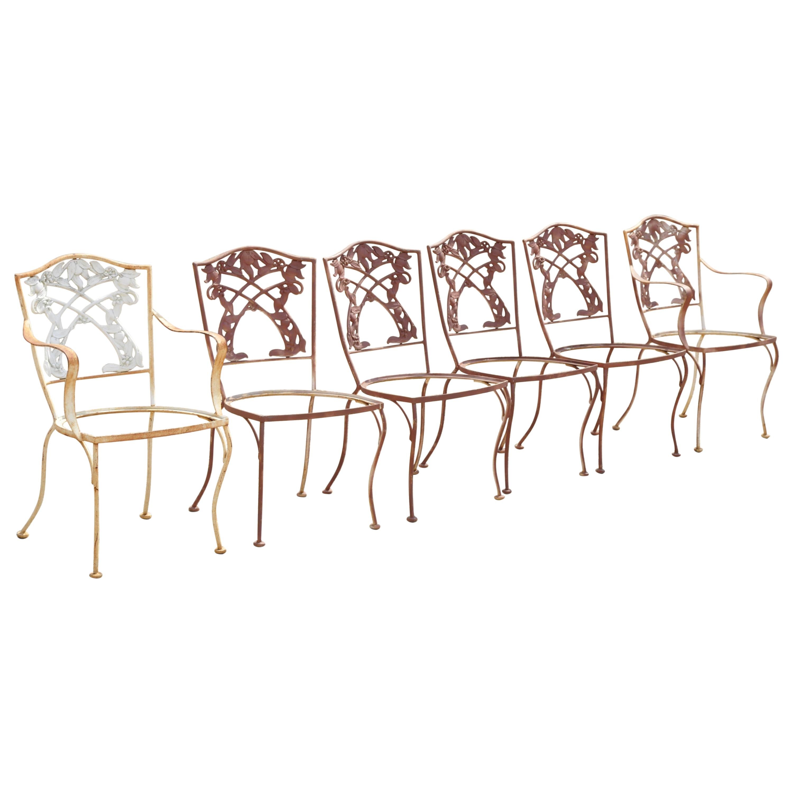 French Art Nouveau Vine Back Iron Outdoor Garden Dining Chairs, Set of 6