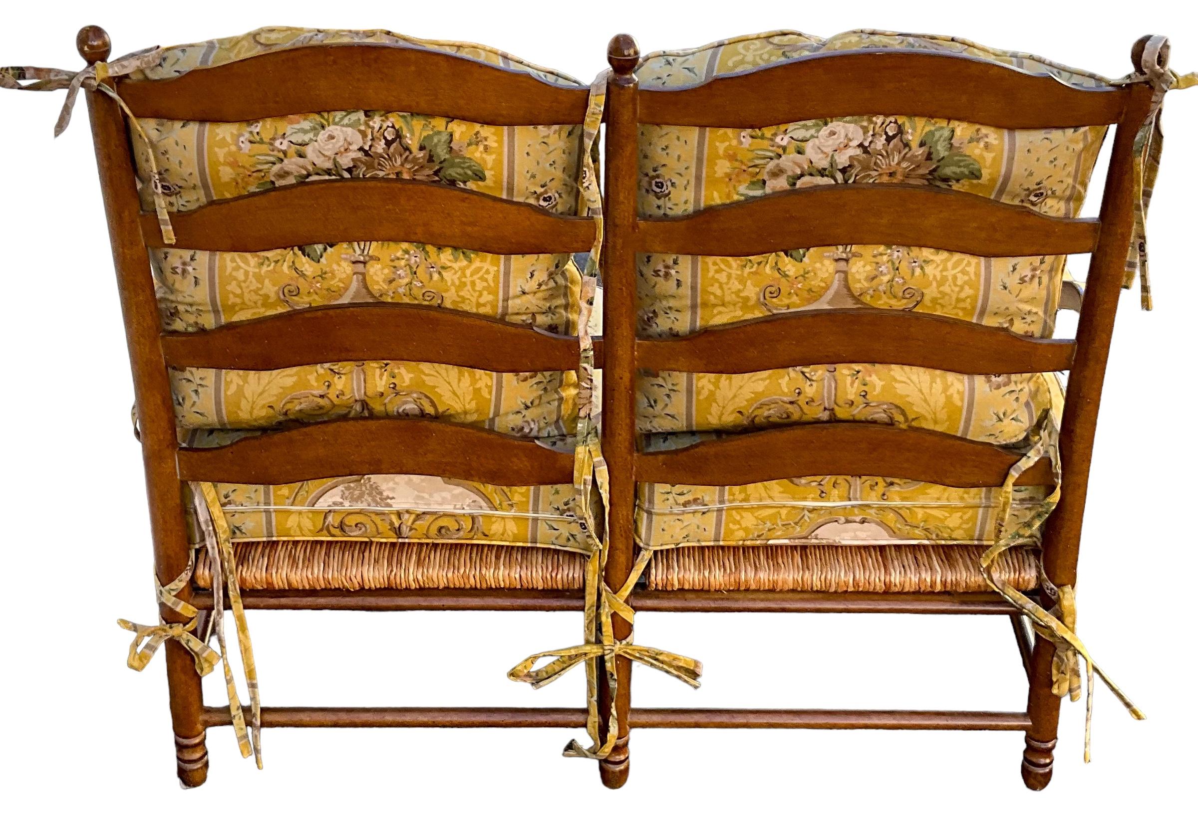 French Provincial 20th-C. French Country Carved Maple Settee W/ Rush Seat Att. To Pierre Deux  For Sale