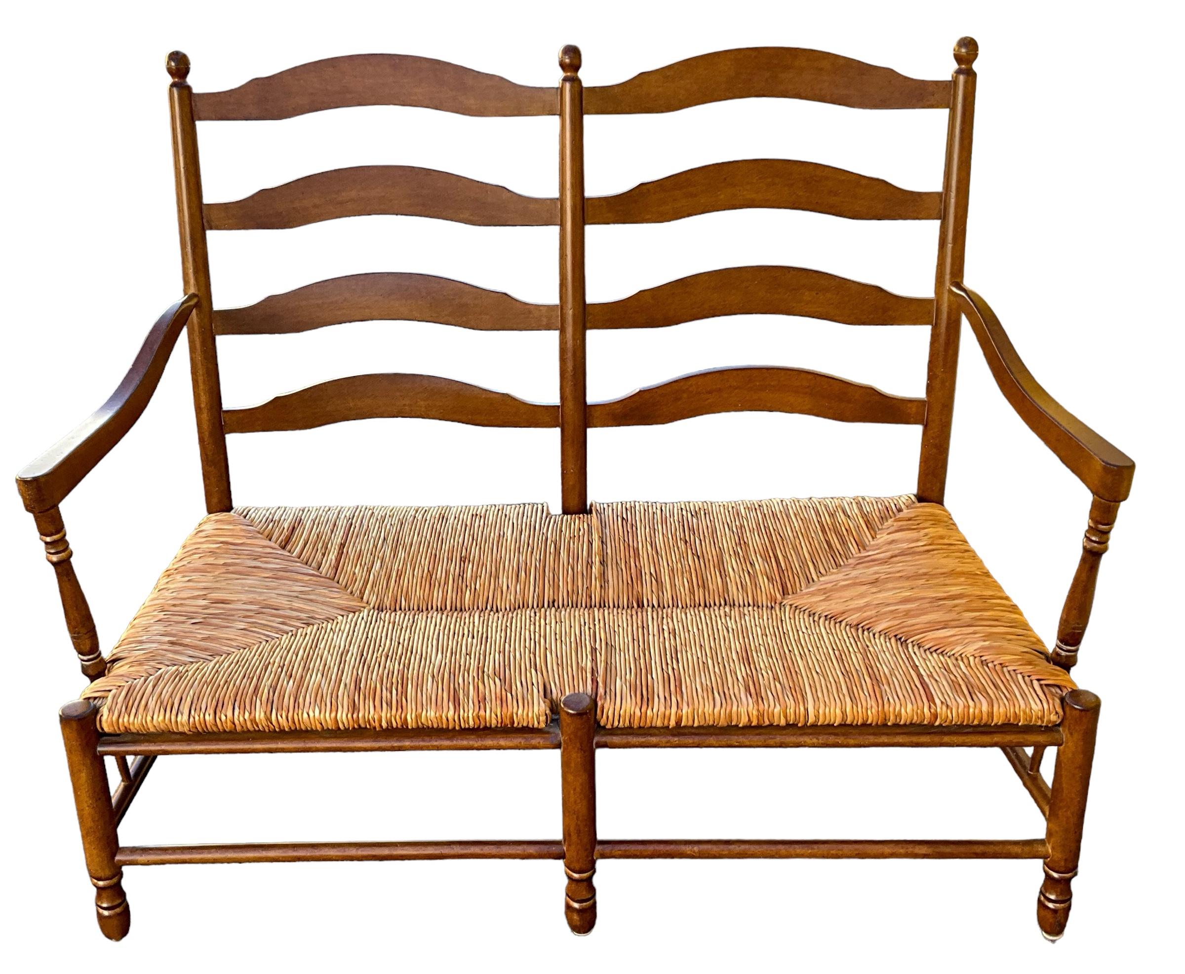 20th-C. French Country Carved Maple Settee W/ Rush Seat Att. To Pierre Deux  In Good Condition For Sale In Kennesaw, GA