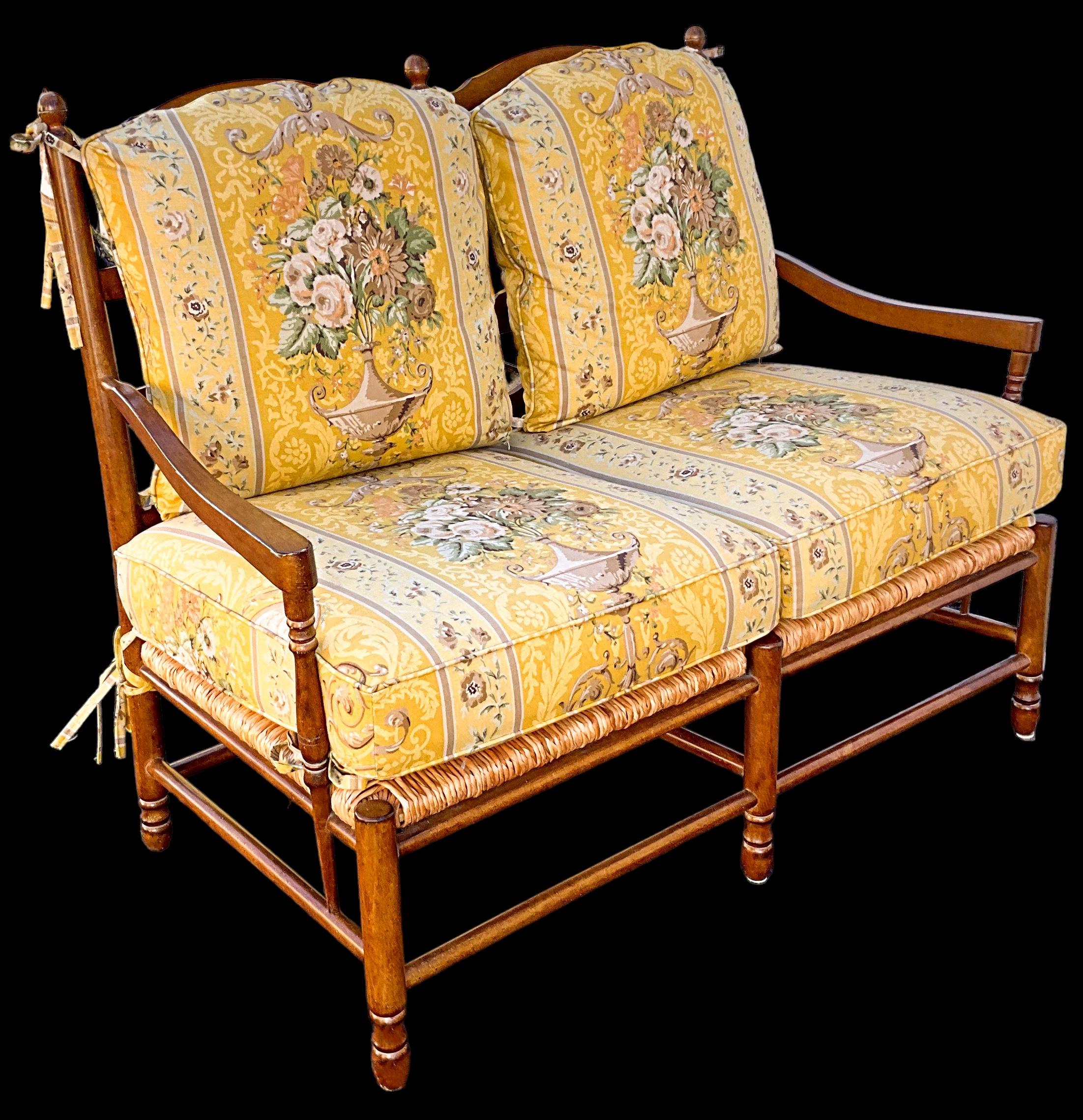 20th Century 20th-C. French Country Carved Maple Settee W/ Rush Seat Att. To Pierre Deux  For Sale
