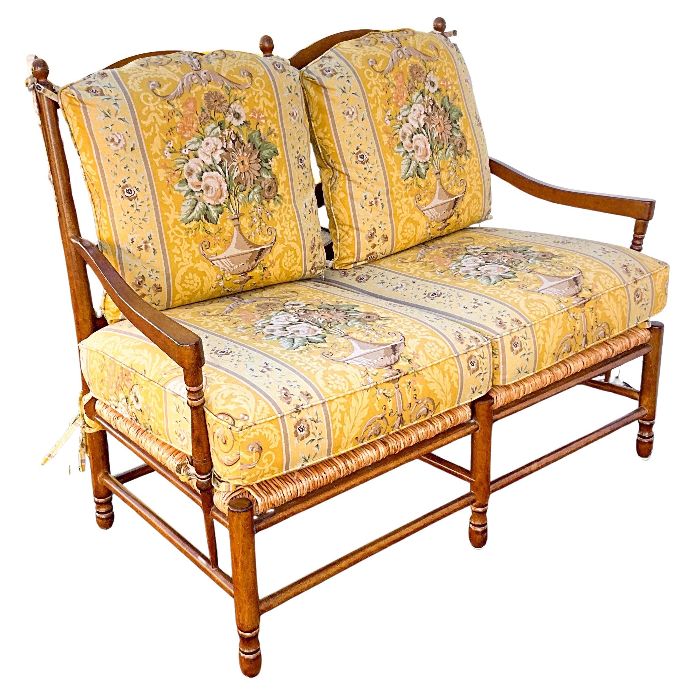 20th-C. French Country Carved Maple Settee W/ Rush Seat Att. To Pierre Deux  For Sale