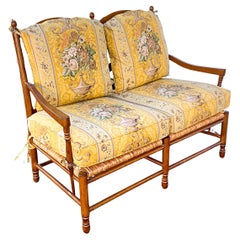 Retro 20th-C. French Country Carved Maple Settee W/ Rush Seat Att. To Pierre Deux 