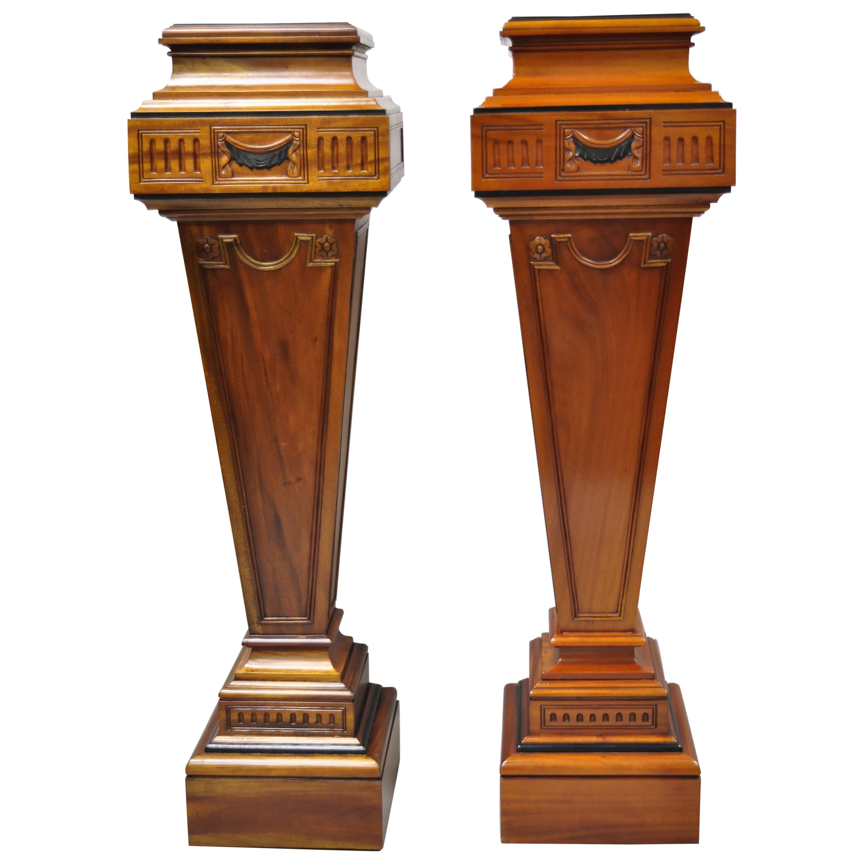 20th Century Empire Neoclassical Mahogany Wood Pedestal Plant Stands, a Pair