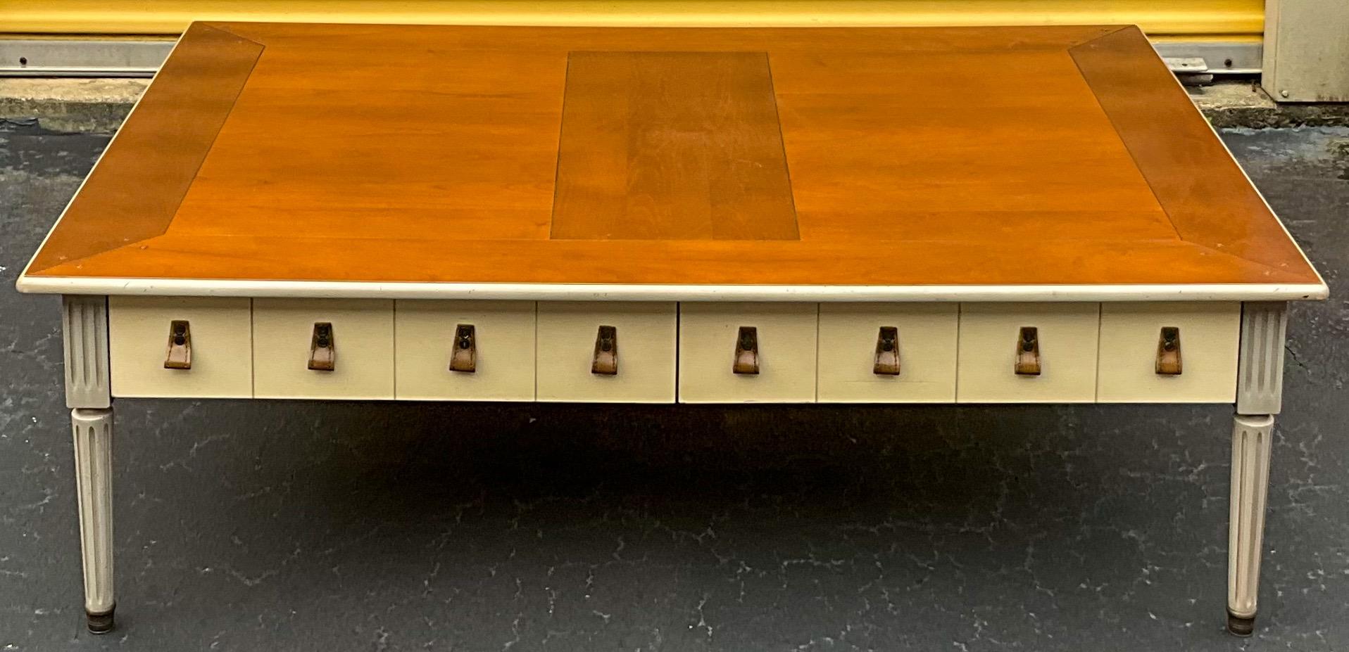 20th Century 20th-C. French Grange Gray Painted Swedish Modern Style Coffee Table W/ Leather For Sale