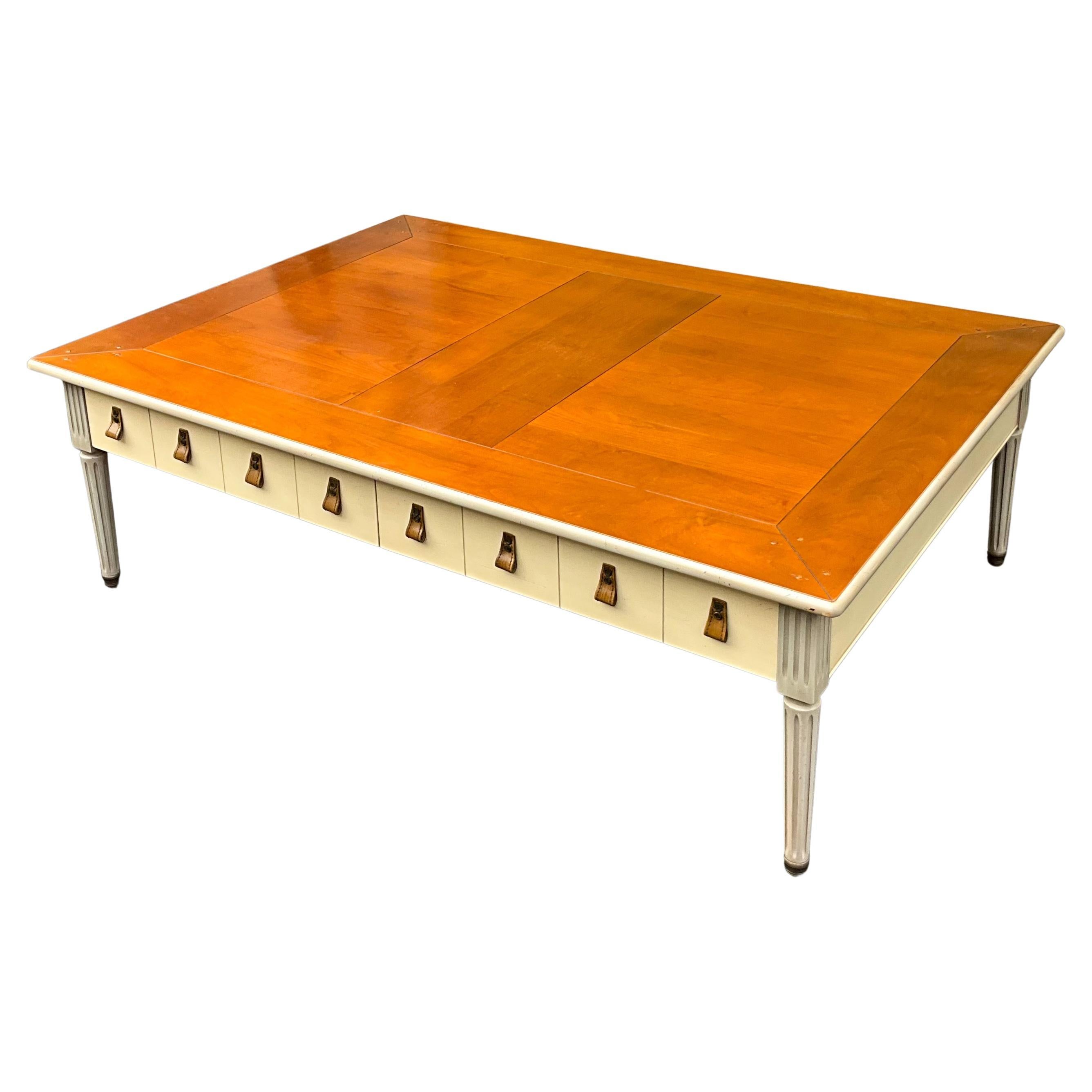 20th-C. French Grange Gray Painted Swedish Modern Style Coffee Table W/ Leather For Sale