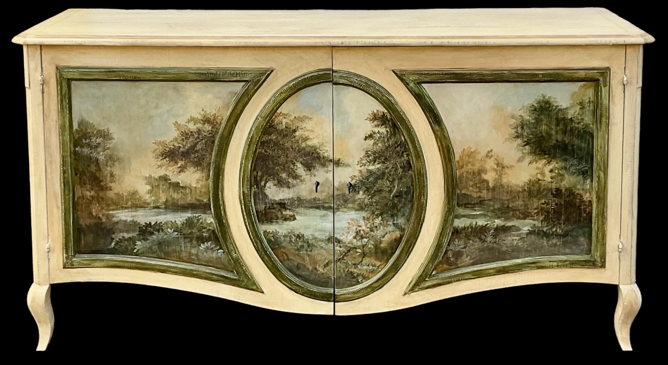 This is a French hand painted cabinet by Grange. The body is an antique ivory distressed finish. The front is a landscape forrest scene. The two doors open to adjustable interior shelving. It is marked. 