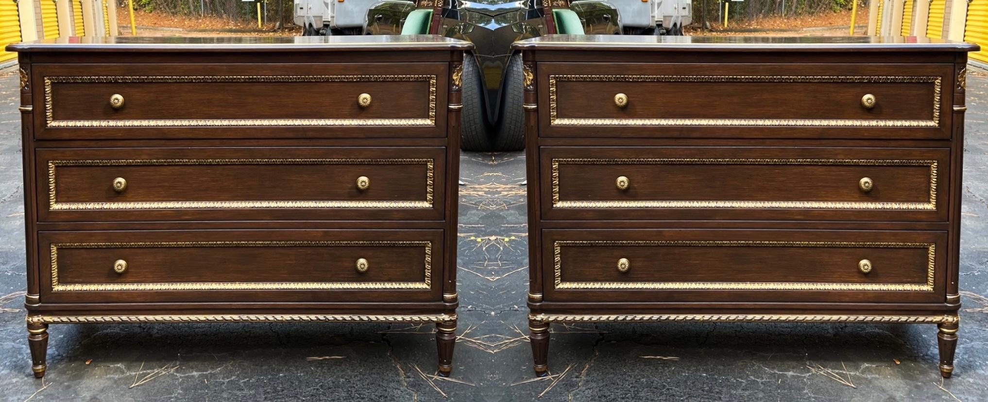 20th-C. French Louis XVI Style Cherry with Gilt Accents Chests / Commodes, Pair 1