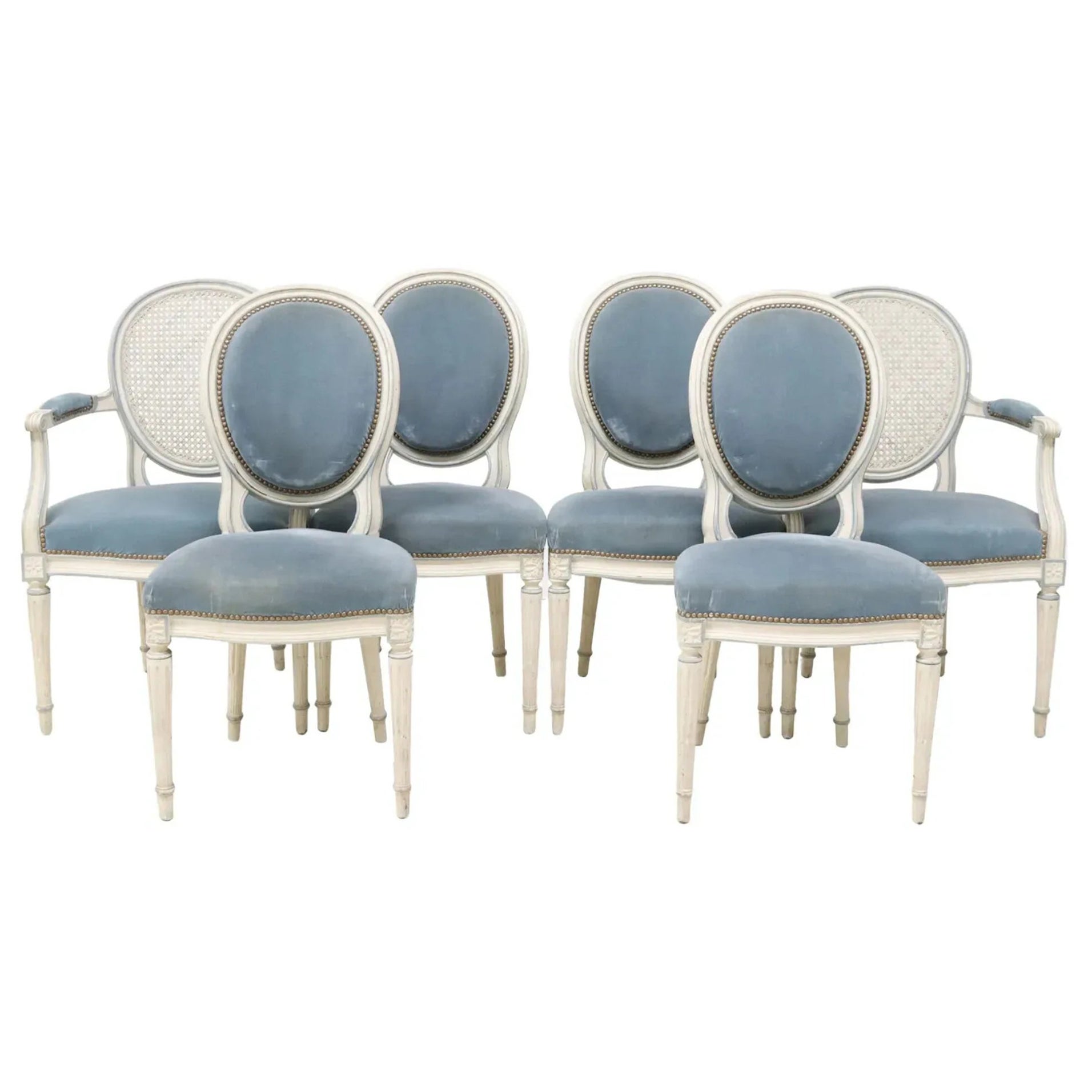 20th C. French Louis XVI Style, Painted, Blue Velvet, Dining Chairs, Set of 6