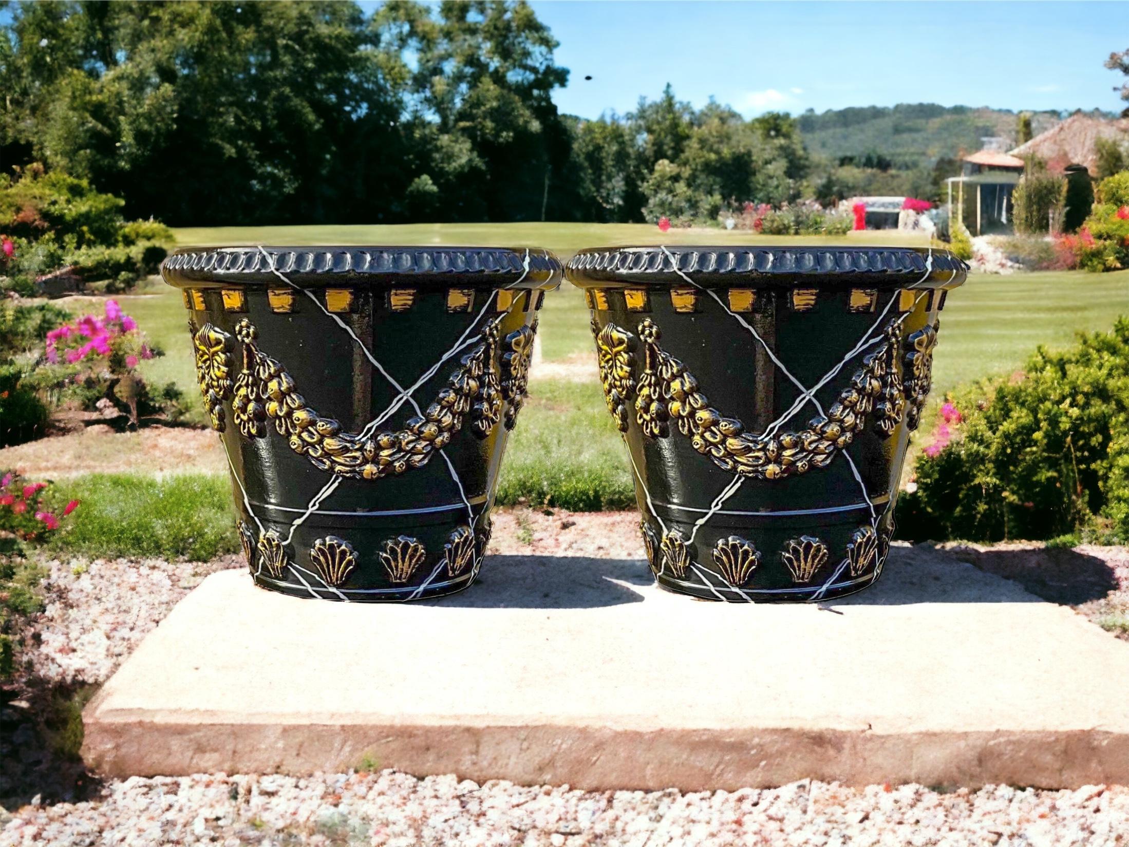20th-C. French Style Faux Marble Painted Terracotta Pots / Planters - Pair For Sale 2