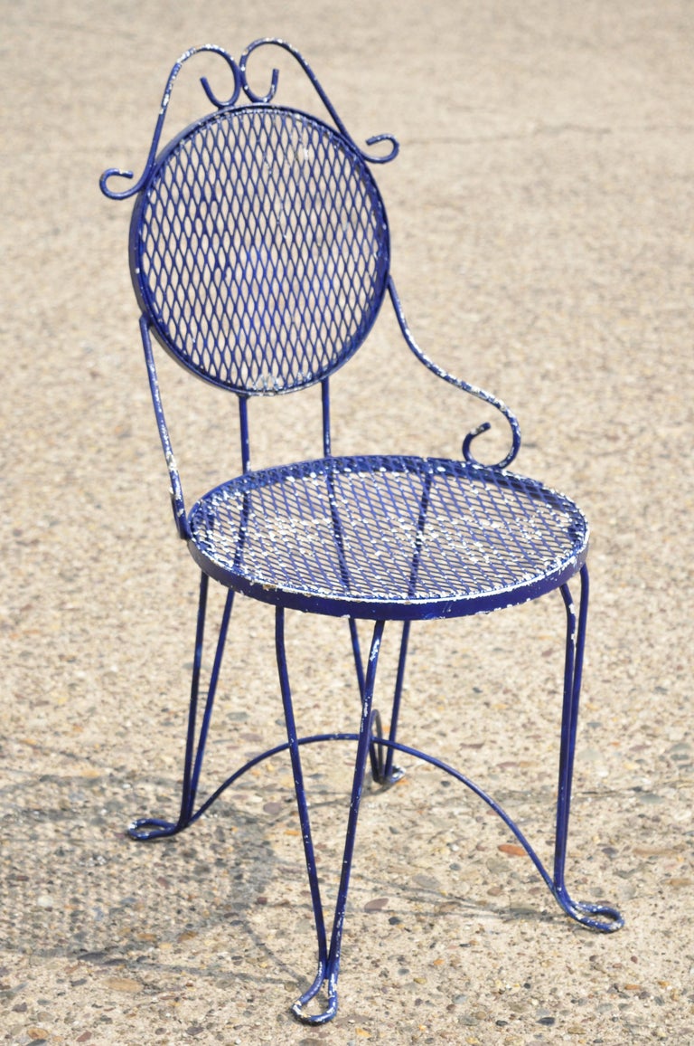French Victorian Blue Wrought Iron Garden Bistro Dining Chairs, Set of