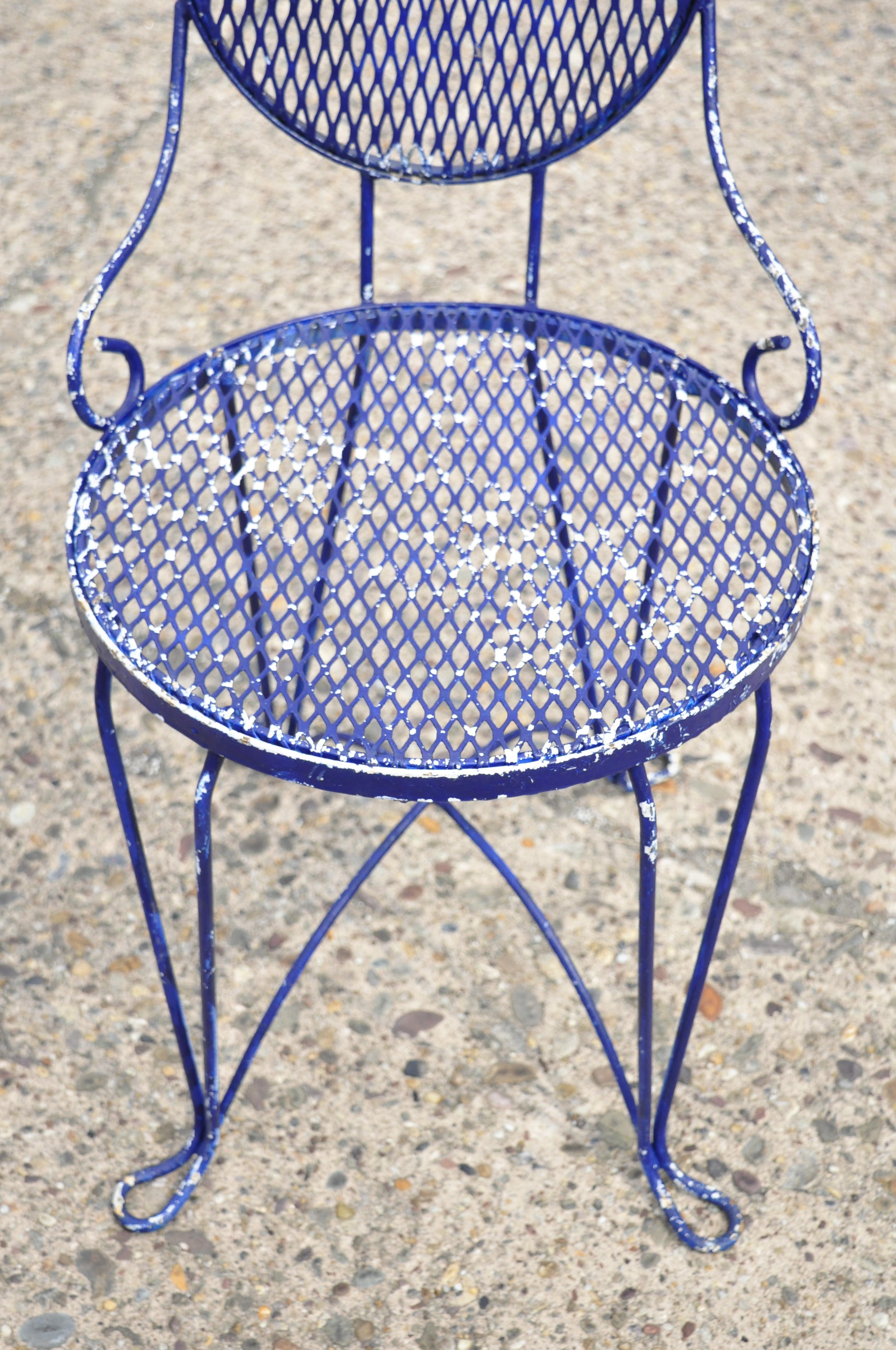 20th Century French Victorian Blue Wrought Iron Garden Bistro Dining Chairs, Set of 4