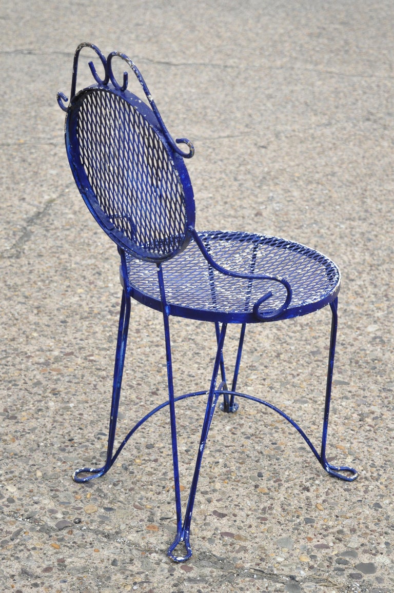 French Victorian Blue Wrought Iron Garden Bistro Dining Chairs, Set of