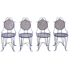 Retro French Victorian Blue Wrought Iron Garden Bistro Dining Chairs, Set of 4