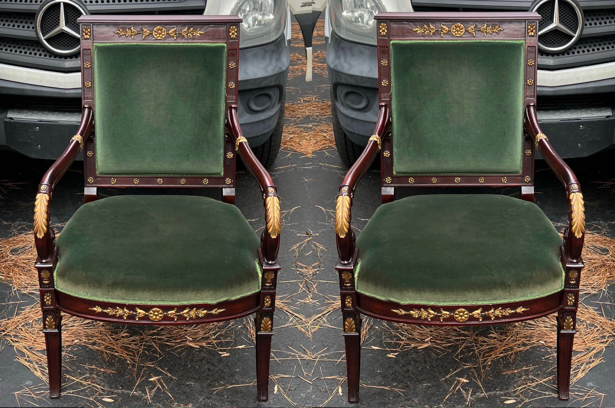 These are wonderful! The dark fruitwood frames with the carved giltwood accents enhance the richness of the green velvet. They are Italian and are marked. The velvet is vintage and does show some fading. The arm height is 26”.