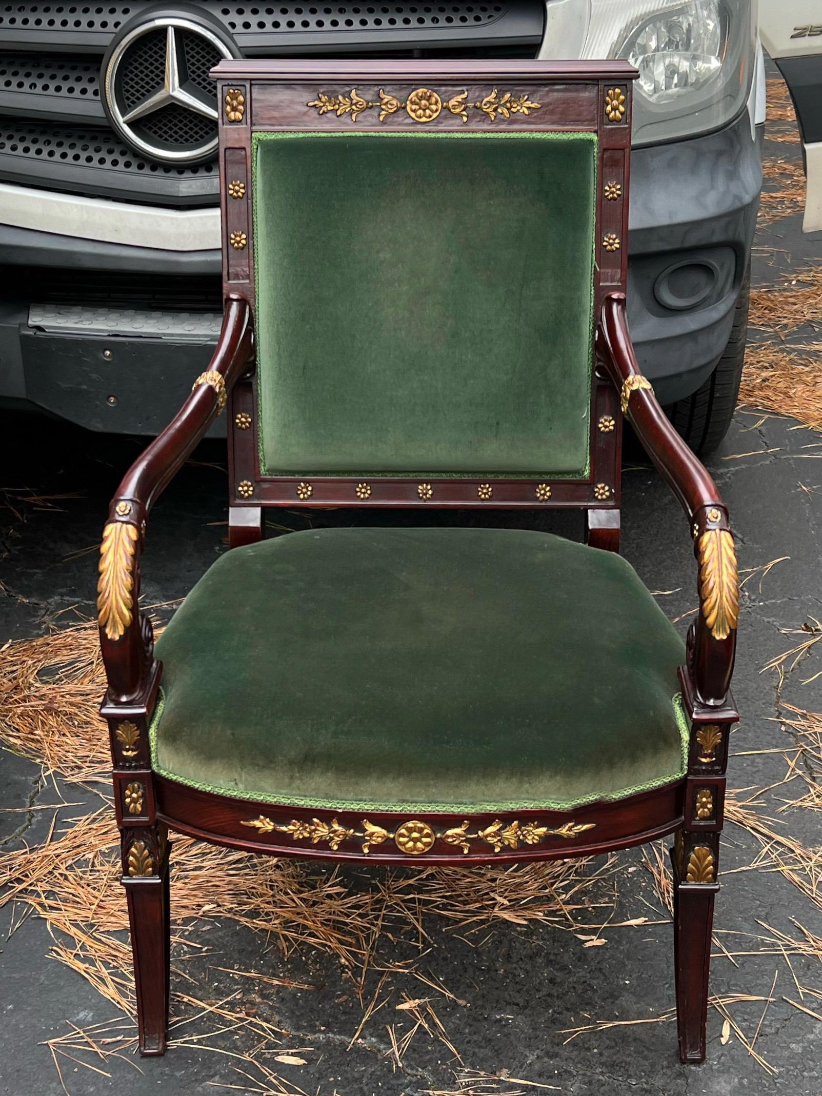 Louis XVI 20th-C. Fruitwood and Giltwood Italian Bergere Chairs in Green Velvet, Pair For Sale