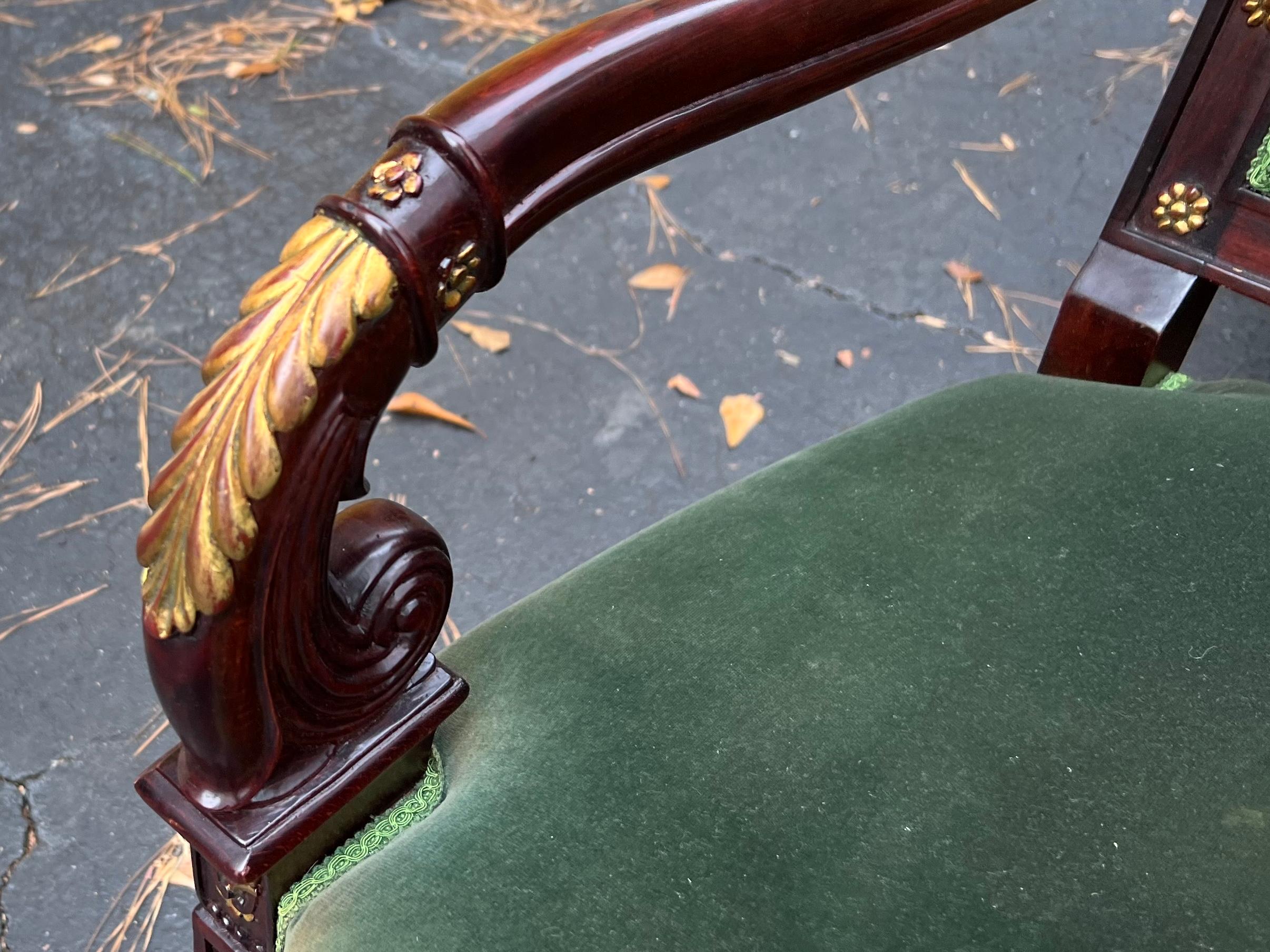 20th-C. Fruitwood and Giltwood Italian Bergere Chairs in Green Velvet, Pair For Sale 2