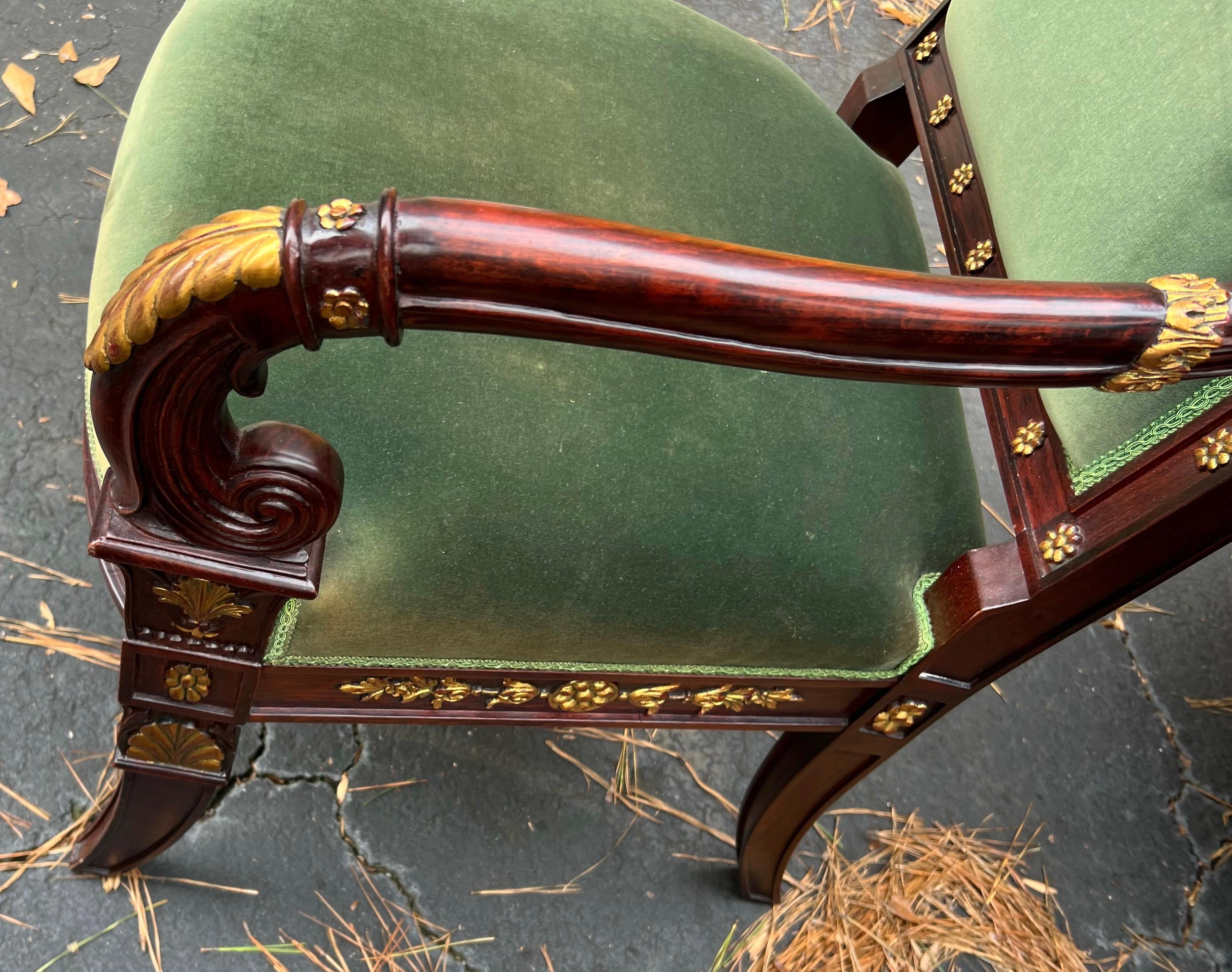 20th-C. Fruitwood and Giltwood Italian Bergere Chairs in Green Velvet, Pair 4