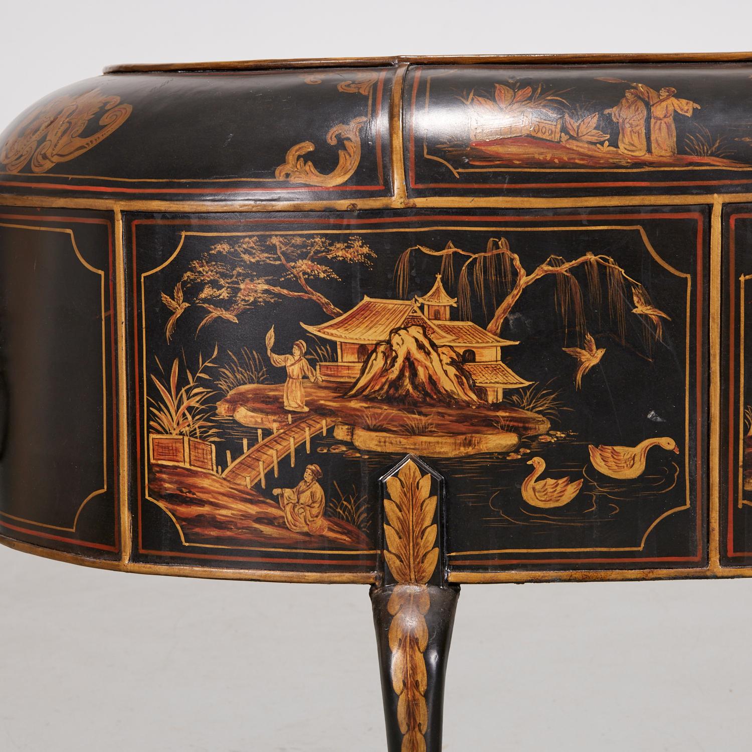 Jardinera de tole de estilo georgiano del siglo XX con escenas doradas pintadas a mano Chinoiserie en venta