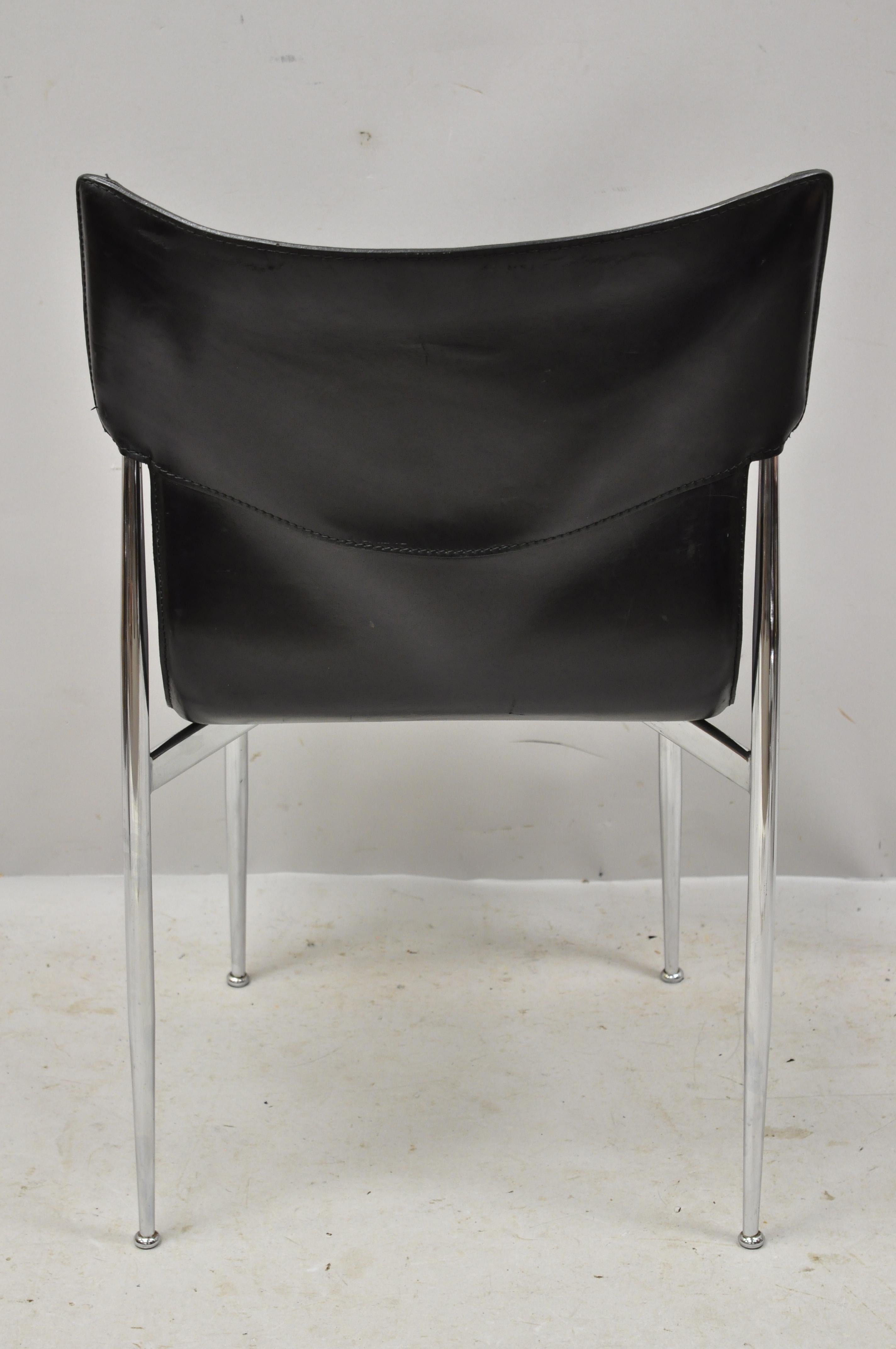 20th Century Giancarlo Vegni for Fasem Black Saddle Leather Chrome Side Chair 6
