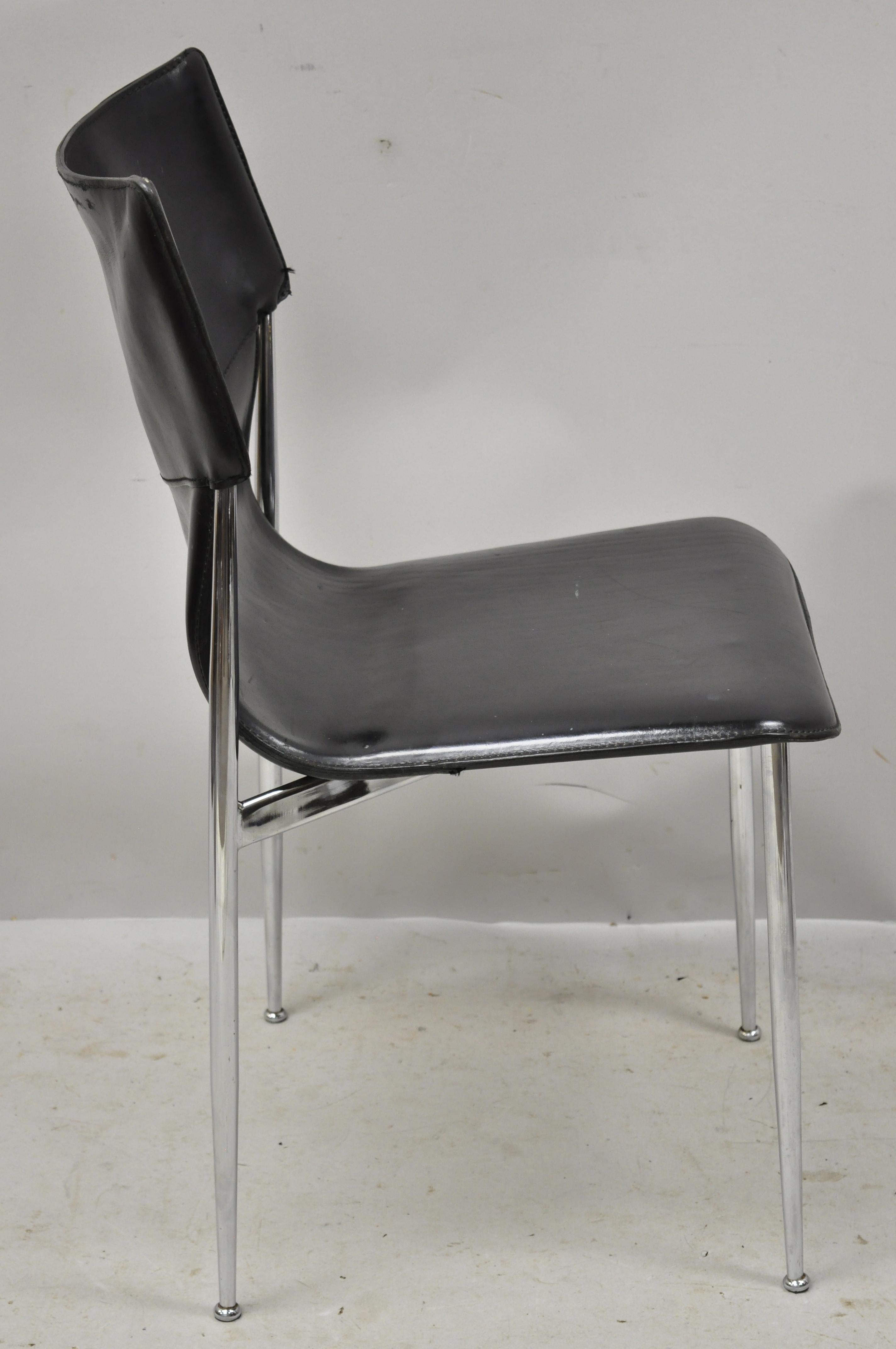 20th Century Giancarlo Vegni for Fasem Black Saddle Leather Chrome Side Chair 7