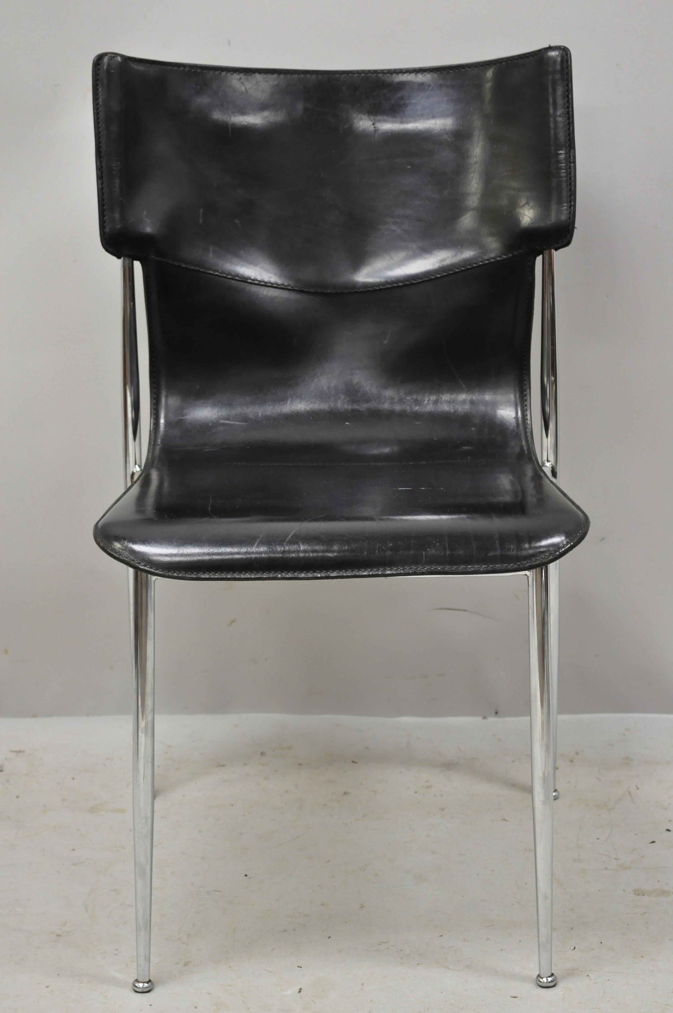 20th century Giancarlo Vegni for Fasem black saddle leather chrome side chair. Item features black stitched saddle leather seat, tapered chrome frame, original stamp, quality Italian craftsmanship, sleek sculptural form, circa mid-late 20th century.