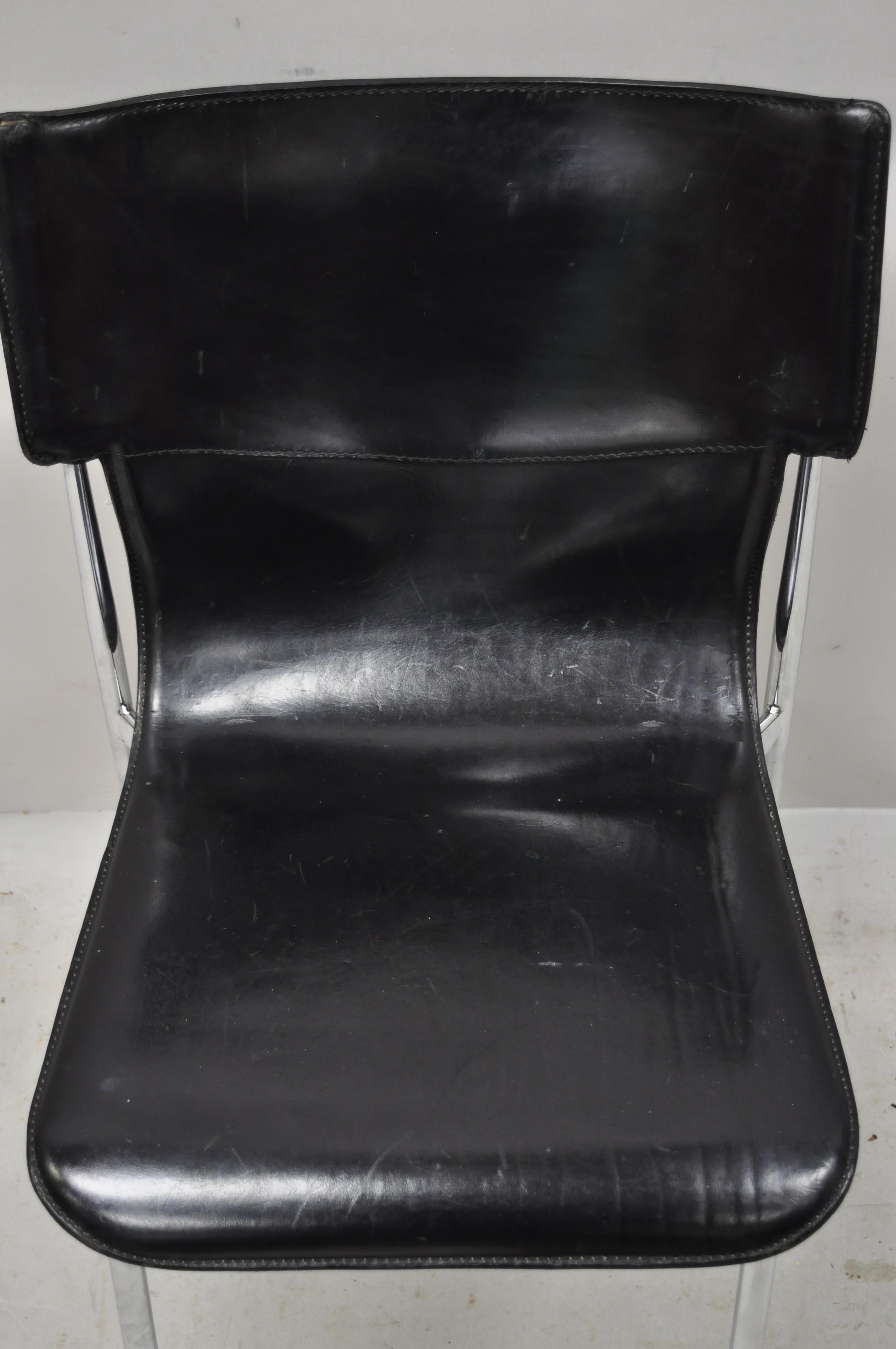 Mid-Century Modern 20th Century Giancarlo Vegni for Fasem Black Saddle Leather Chrome Side Chair