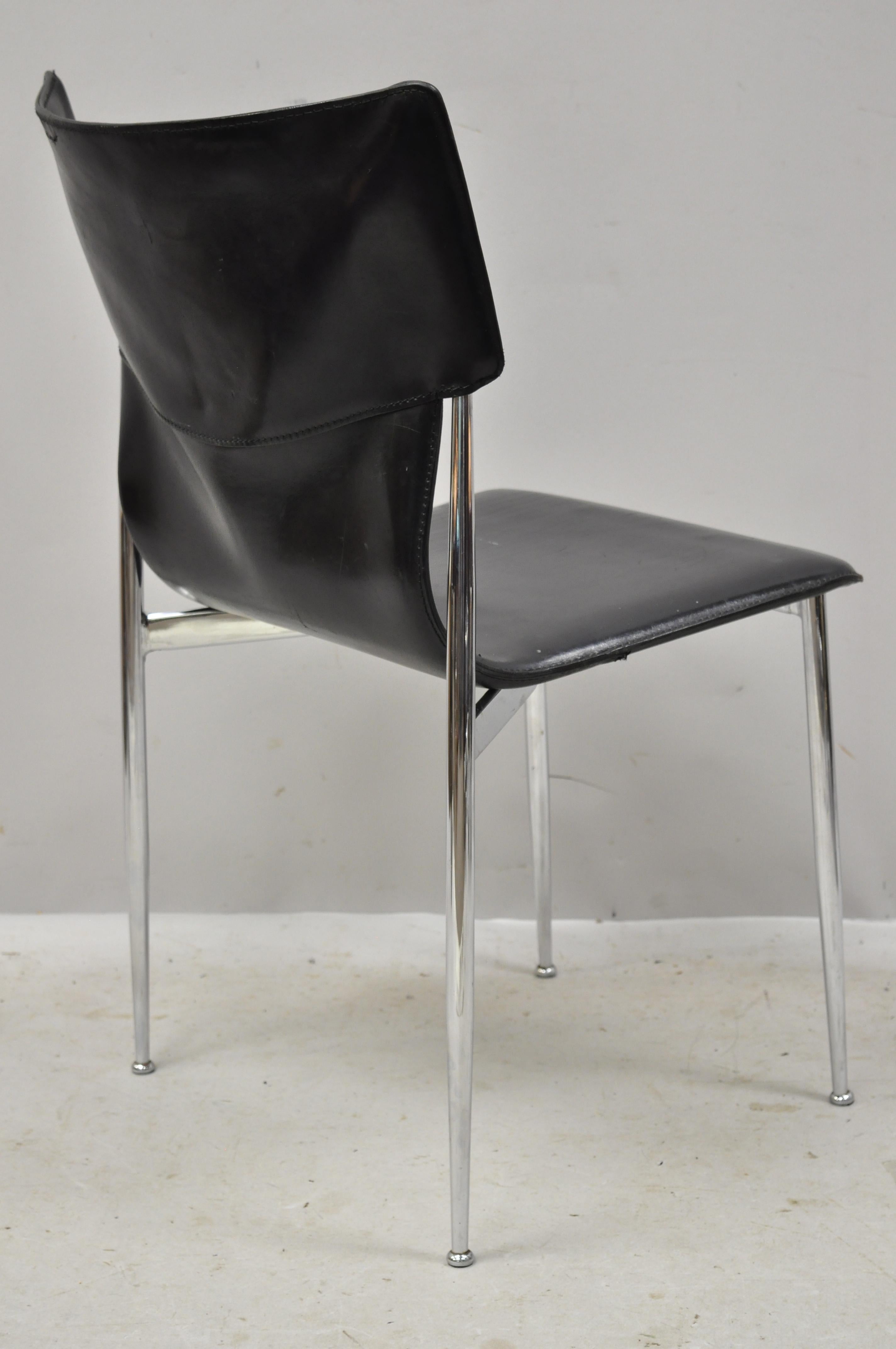 20th Century Giancarlo Vegni for Fasem Black Saddle Leather Chrome Side Chair In Good Condition In Philadelphia, PA