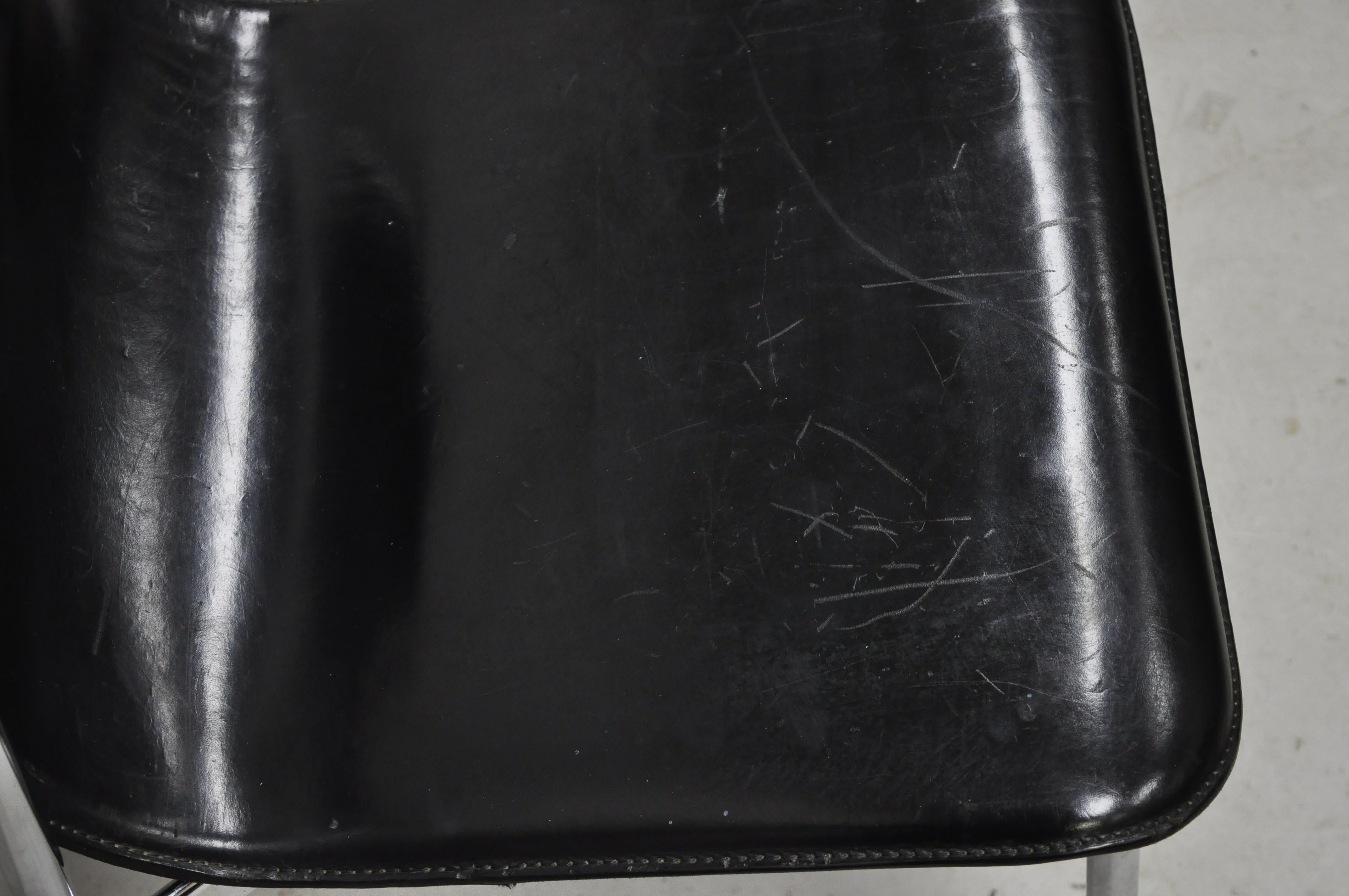 20th Century Giancarlo Vegni for Fasem Black Saddle Leather Chrome Side Chair 3