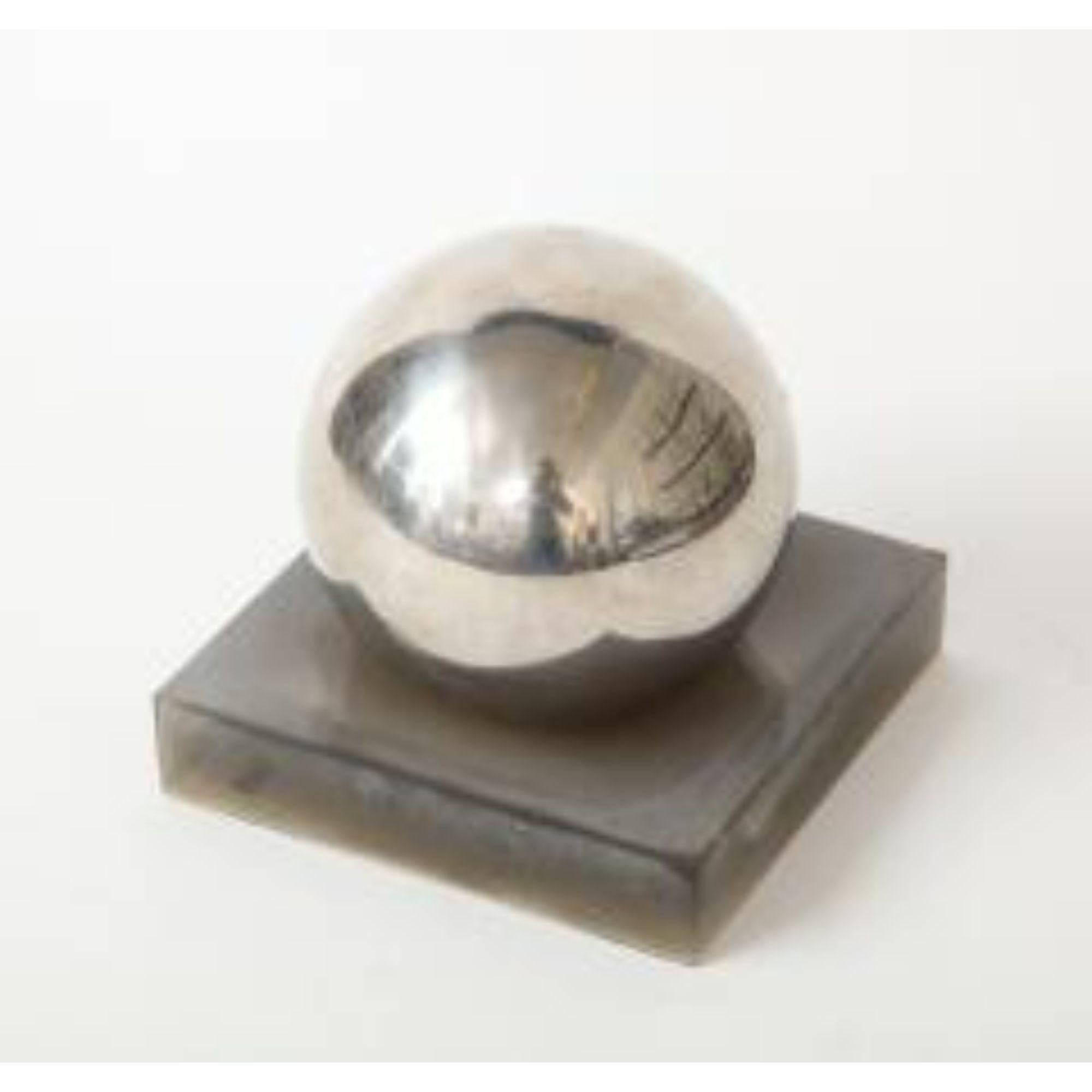 European 20th C. Grey and Chrome Small Sculpture, Silver Ball on Lucite Base For Sale