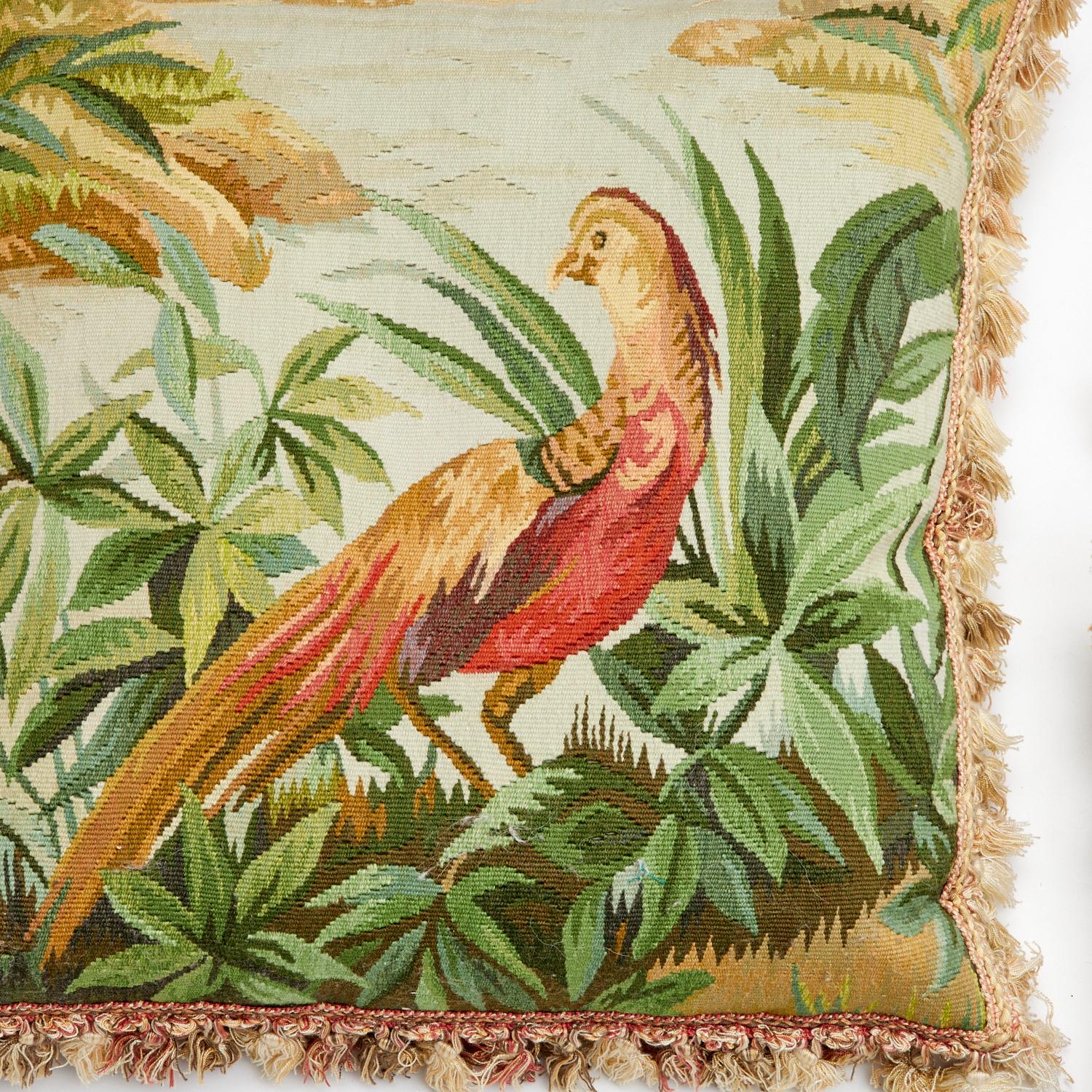 Group of Three French Tapestry Pillows with Botanical and Bird Motifs
France, Tapestry panels: circa 1920–1950; Pillows: Mid-20th Century

A coordinated trio of decorative pillows crafted from early 20th-century French tapestry panels, each