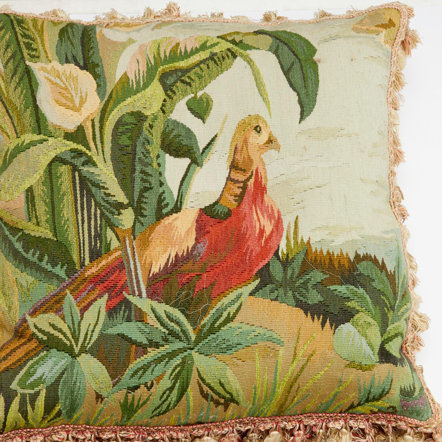 Woven 20th C. Group of Three French Tapestry Pillows with Botanical and Bird Motifs For Sale