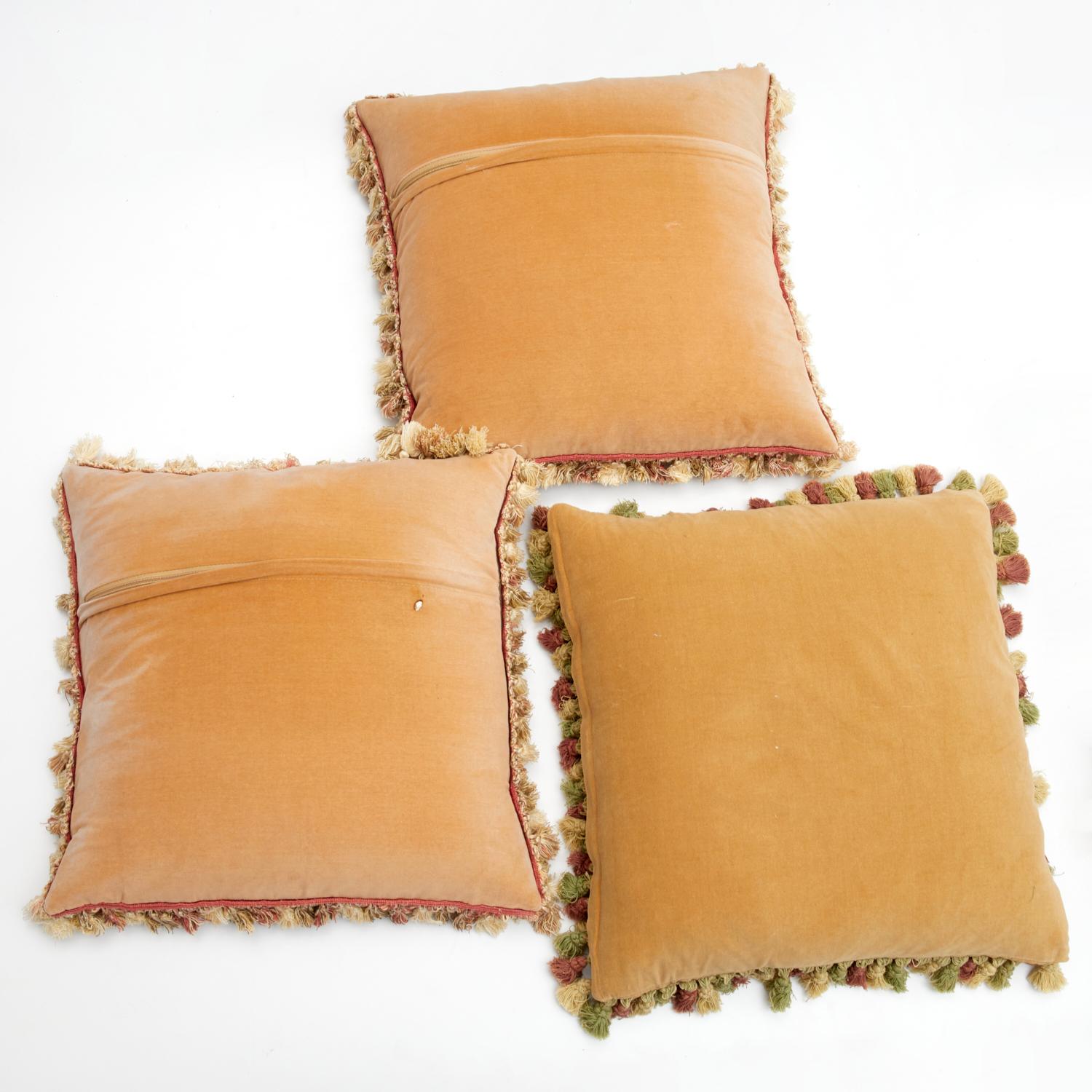 Fabric 20th C. Group of Three French Tapestry Pillows with Botanical and Bird Motifs For Sale