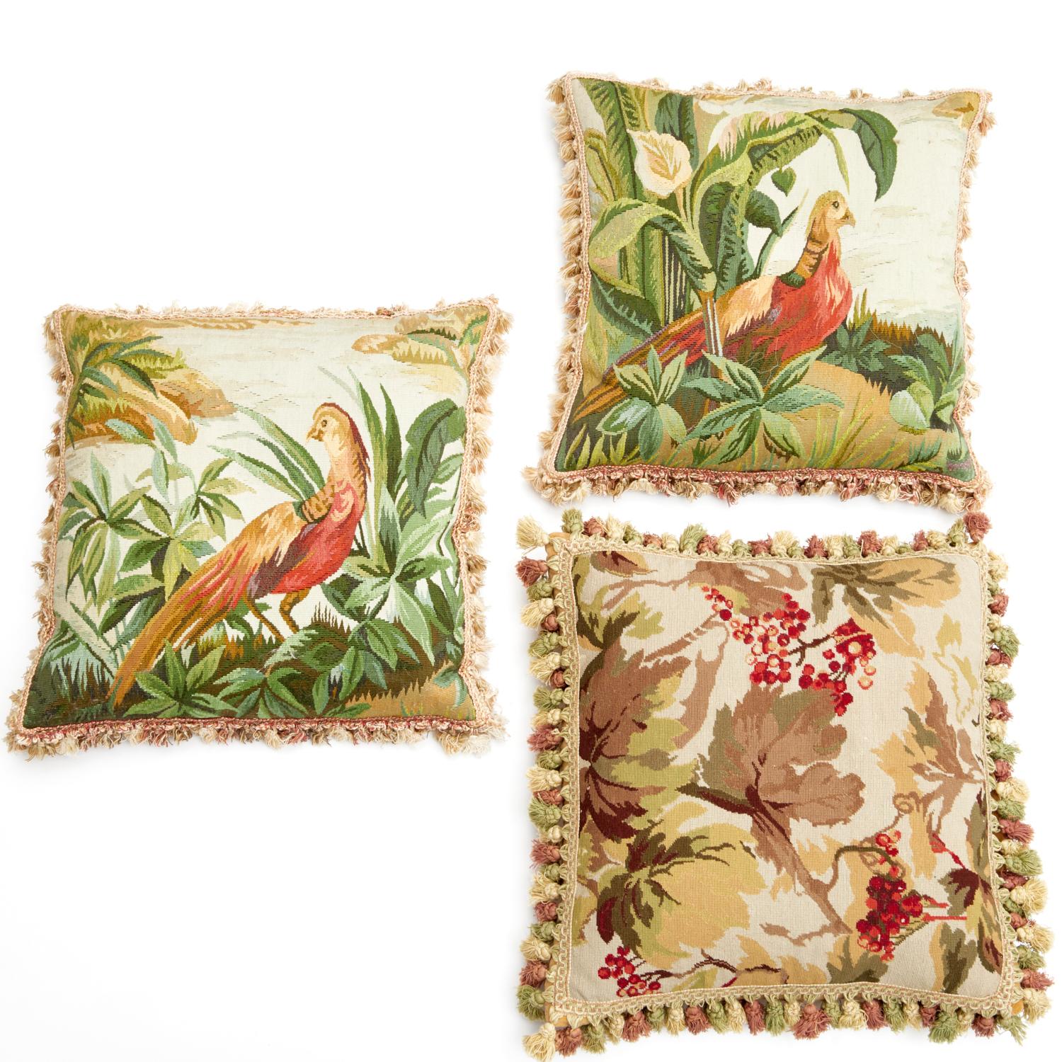 20th C. Group of Three French Tapestry Pillows with Botanical and Bird Motifs For Sale 2