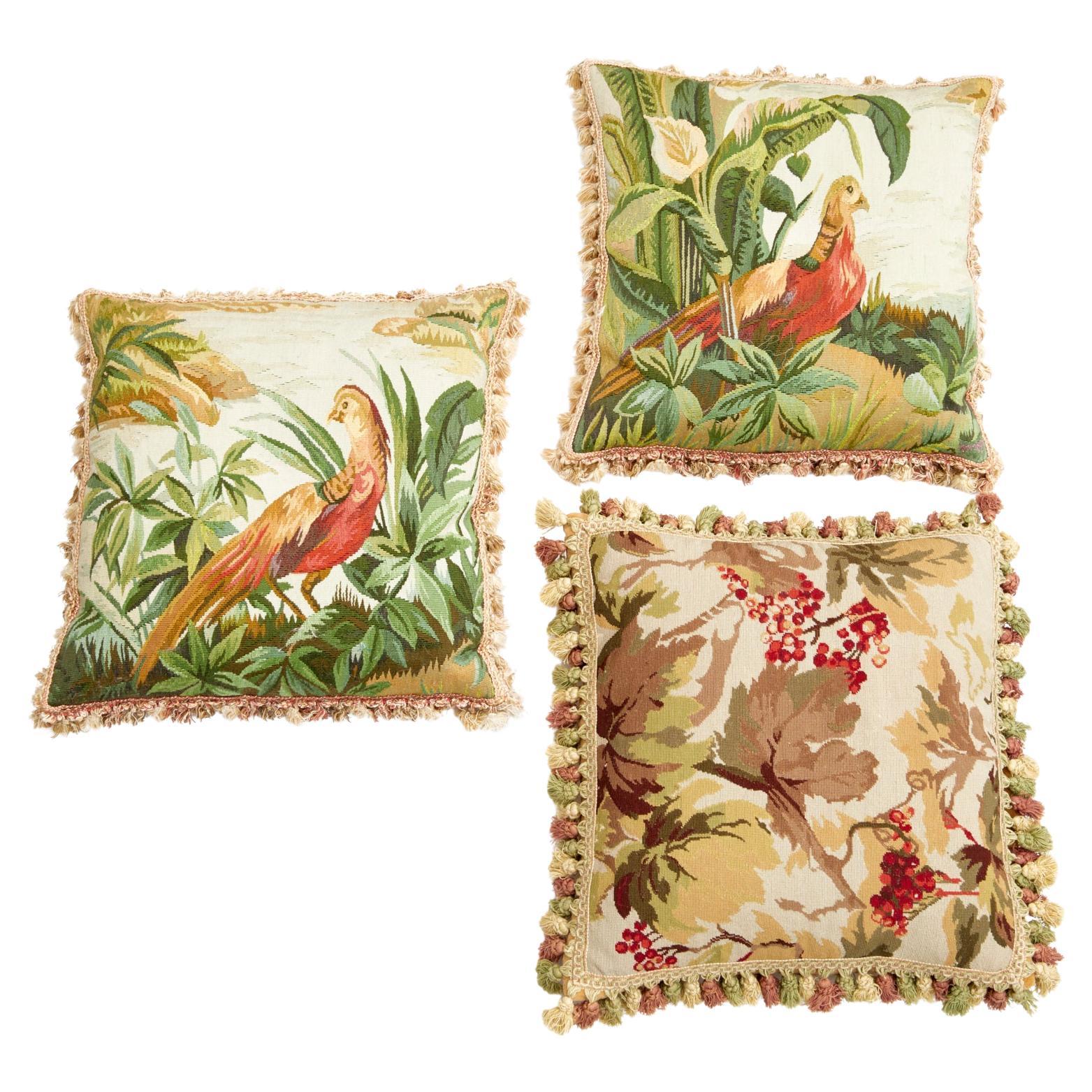 20th C. Group of Three French Tapestry Pillows with Botanical and Bird Motifs For Sale