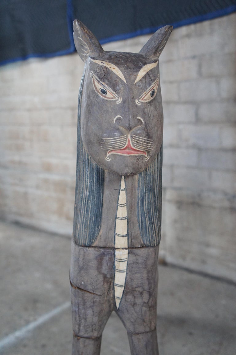 20th C. Hand Carved Egyptian Revival Folk Art Bali Cat Sculpture Statue For Sale 4