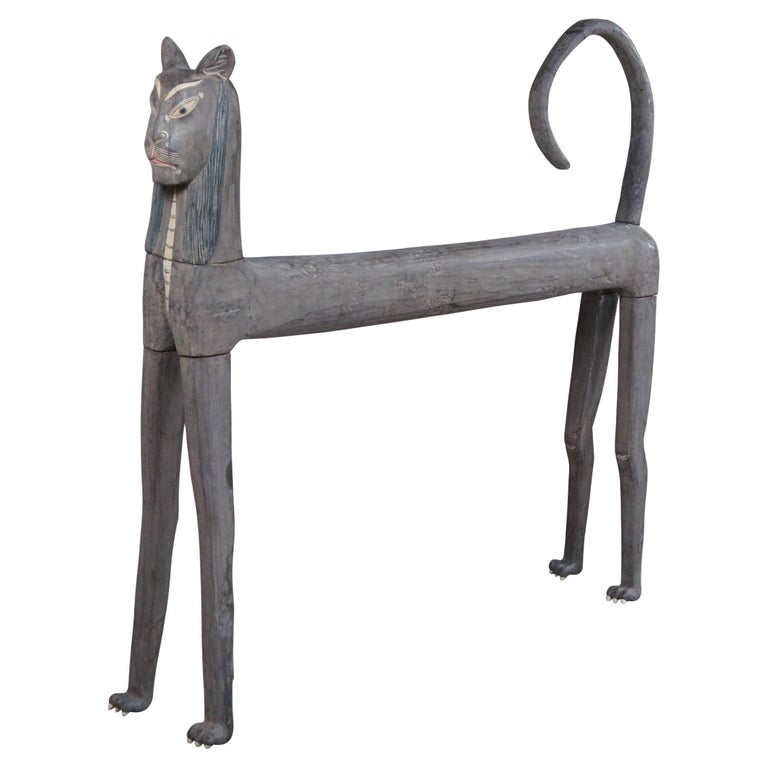 20th C. Hand Carved Egyptian Revival Folk Art Bali Cat Sculpture Statue For Sale