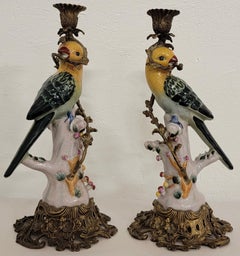 20th-C, Hand Painted Tropical Parrot Candlesticks Wrapped in Bronze Branches, P