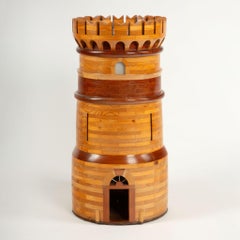 20th C Handcrafted Wooden Castle Model with Interior Illumination and Marquetry