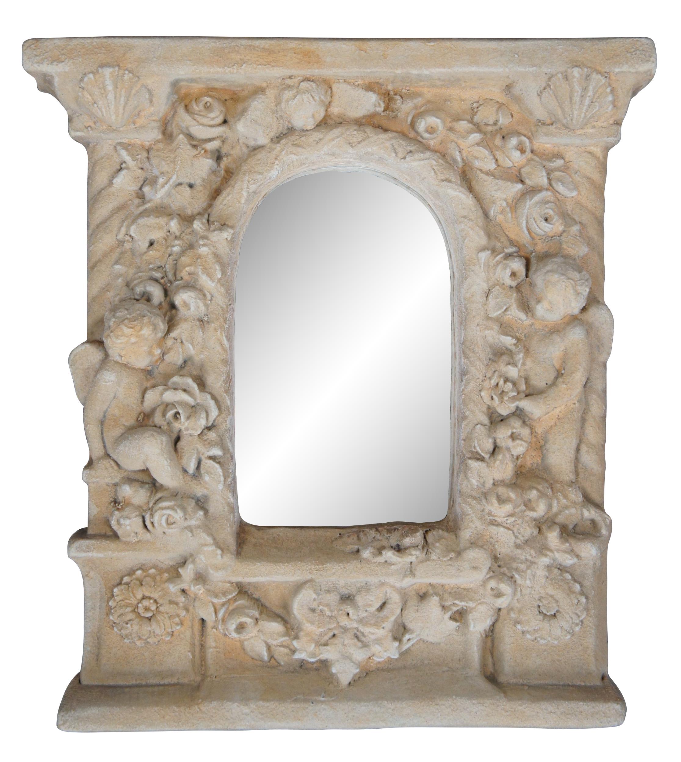 2 Midcentury collectible stoneware pieces by Hayes Parker. Features an Italian inspired mirror with cherubs and a heart with doves. Each is meant to hand along the wall. Backside of one marked Behan & McDonald Convington Stone &