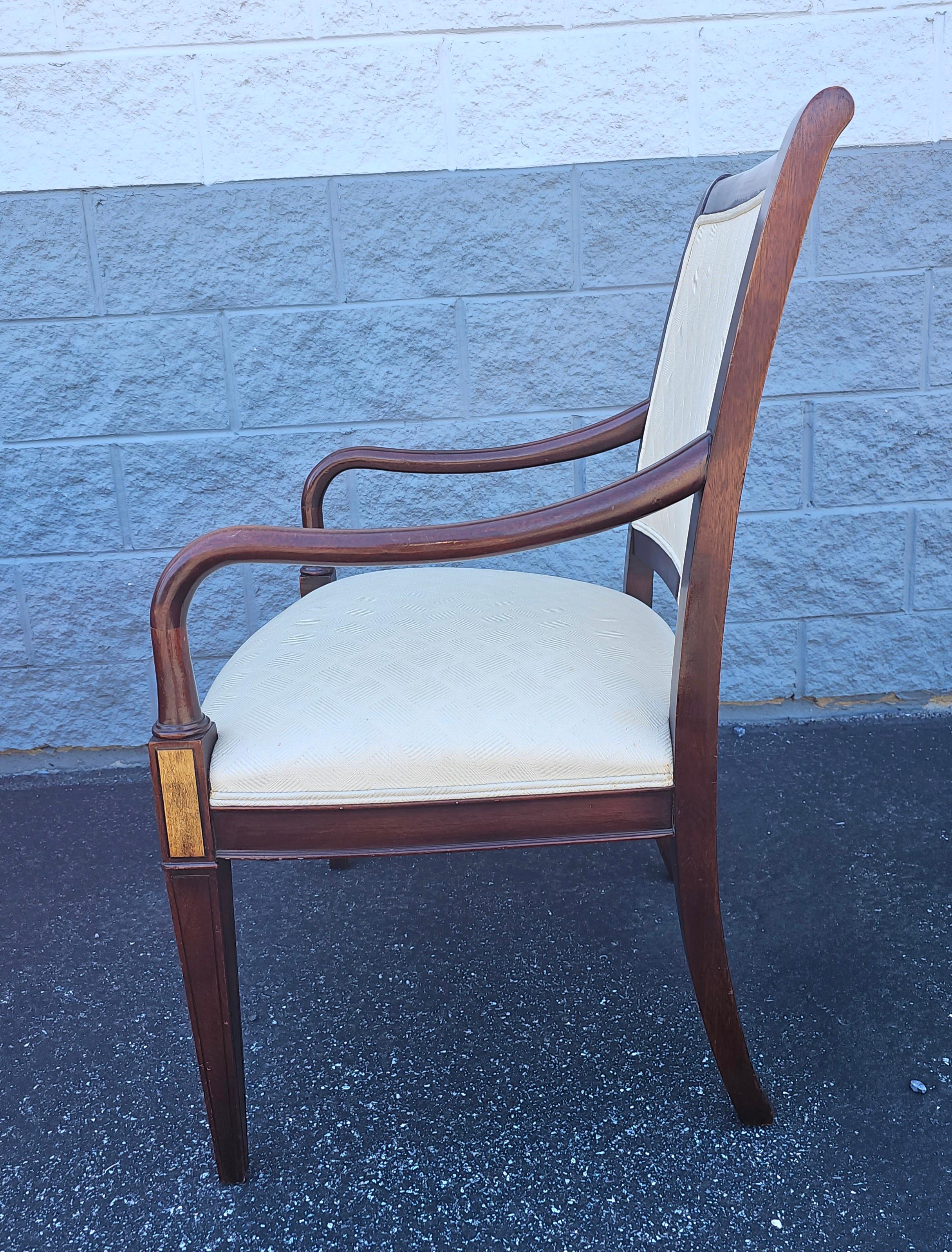 20th C. Hickory Chair Federal Style Mahogany Inlaid and Upholstered Arm Chair In Good Condition For Sale In Germantown, MD