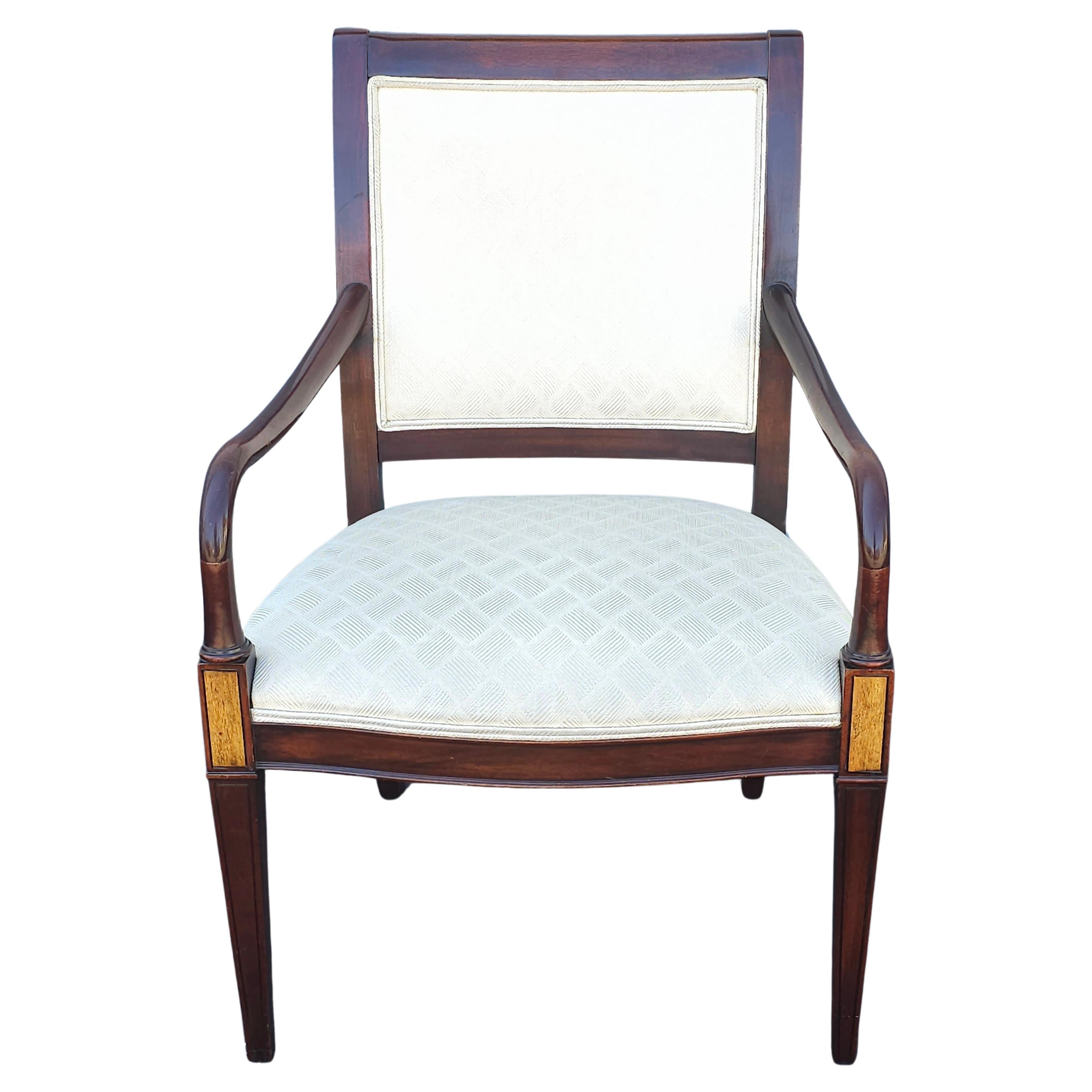 20th C. Hickory Chair Federal Style Mahogany Inlaid and Upholstered Arm Chair For Sale