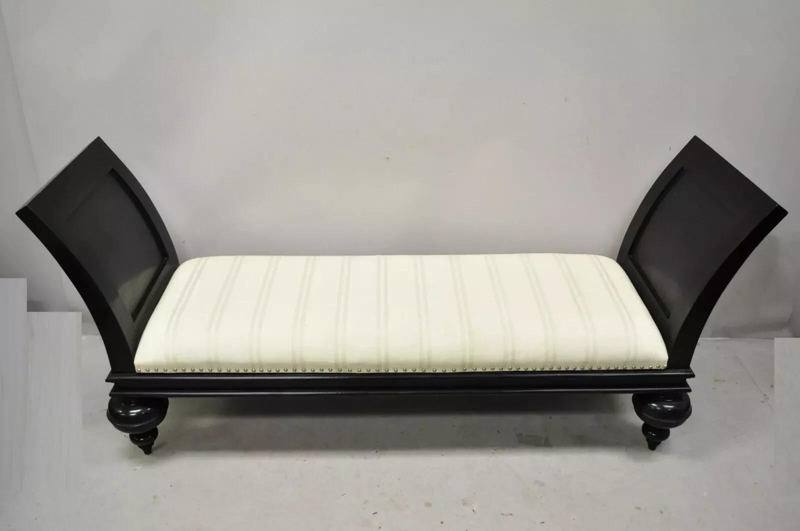 20th C. Hollywood Regency Italian Style Large Black Bun Feet Wooden Window Bench For Sale 5