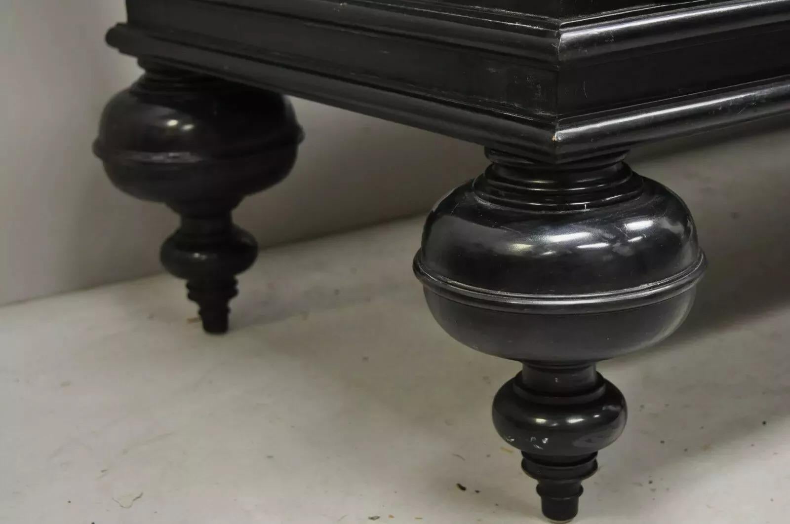 20th C. Hollywood Regency Italian Style Large Black Bun Feet Wooden Window Bench In Good Condition For Sale In Philadelphia, PA