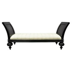20th C. Hollywood Regency Italian Style Large Black Bun Feet Wooden Window Bench