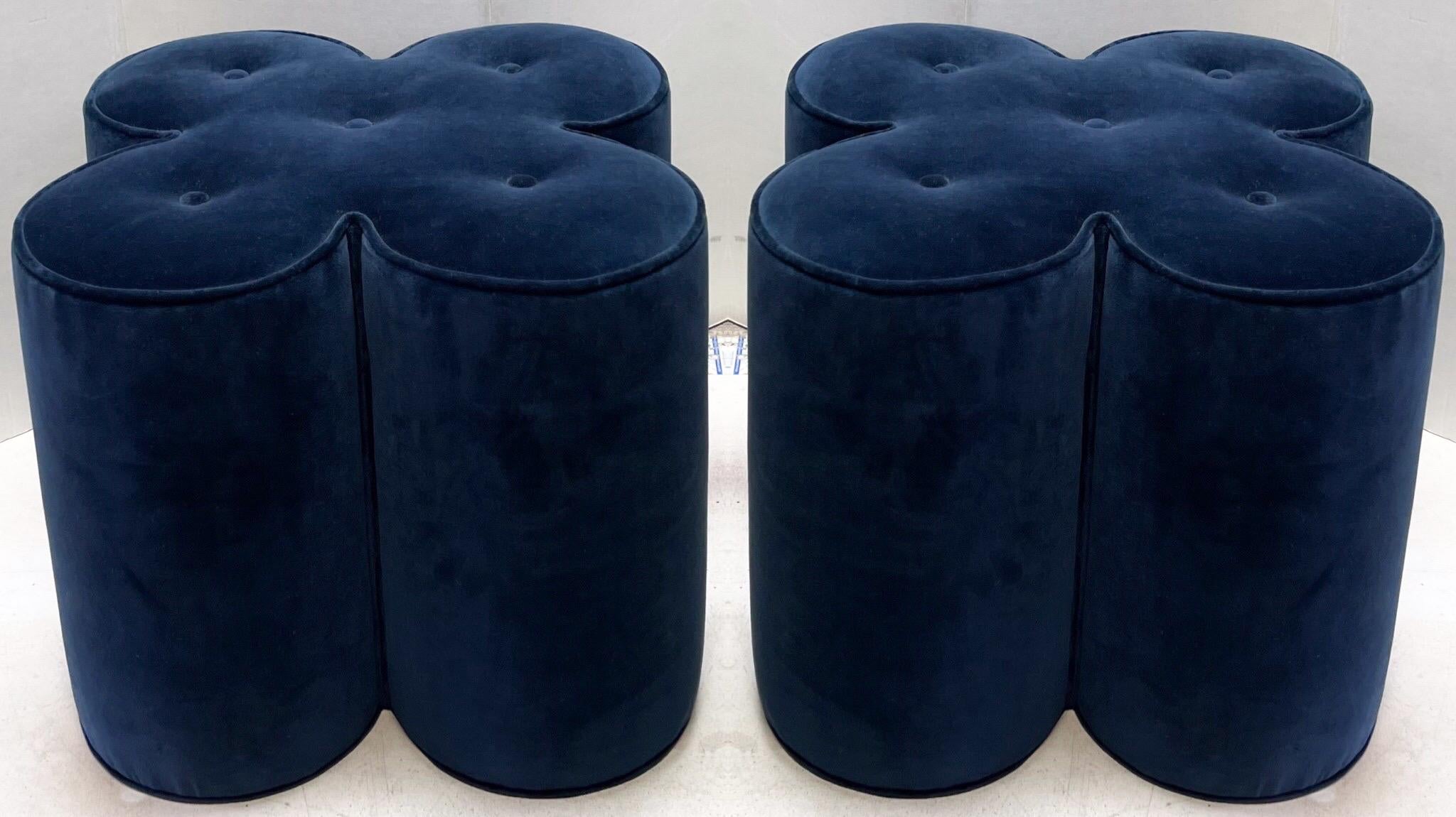 Upholstery 20th-C. Hollywood Regency Style Blue Tufted Velvet Ottomans Flower Form, Pair