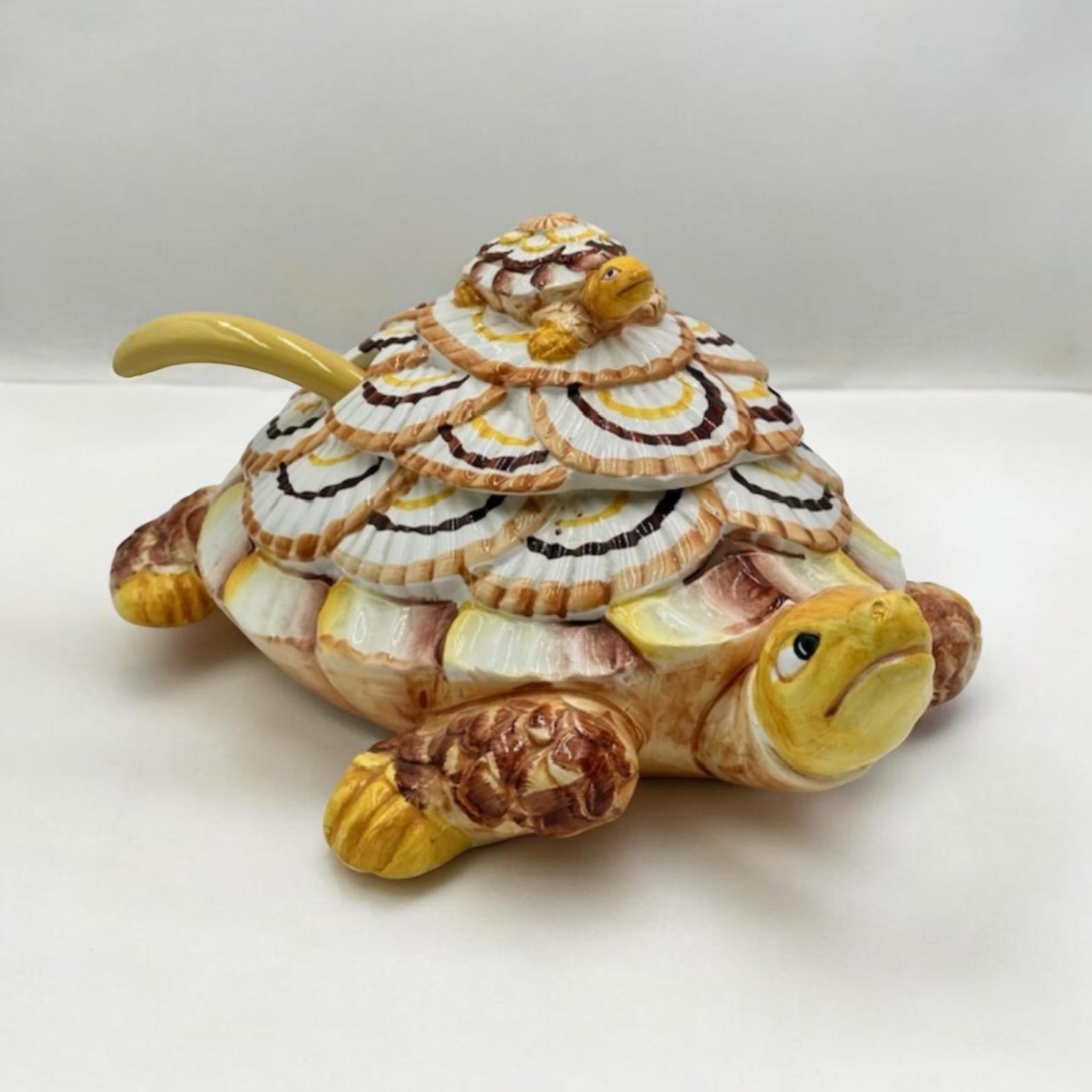 This is a vintage turtle form ceramic serving tureen with ladle by Seymour Mann. It is in very good condition and just in time for the holidays. 