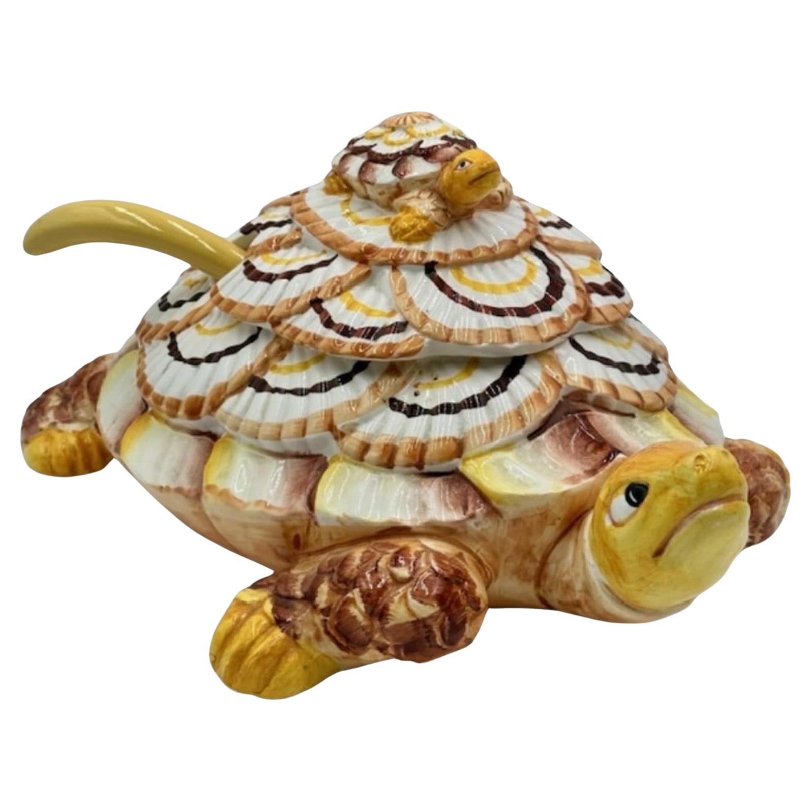 20th-C. Hollywood Regency Turtle Form Ceramic Tureen W/ Ladle By Seymour Mann For Sale