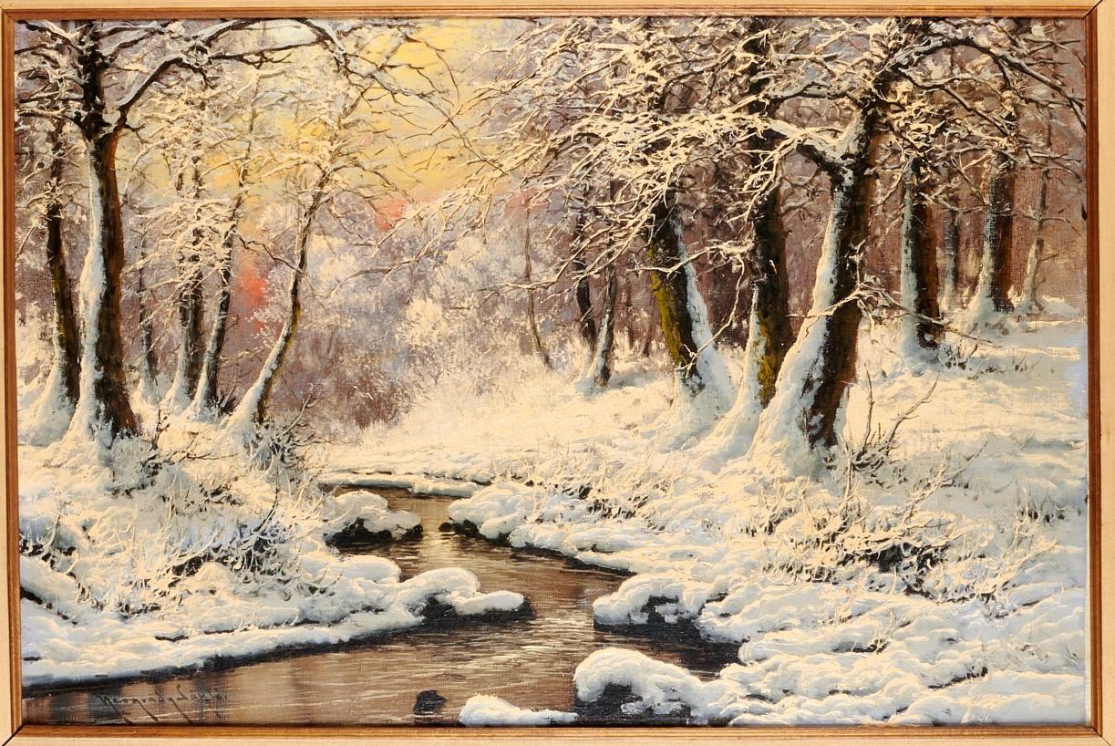 László Neogrády (Hungarian, 1896-1962). A Winter landscape, oil on canvas. Signed lower left.

László Neogrády was born in Budapest, the son of artist Antal Neogrády. He studied painting at the Hungarian Academy of Fine Arts under Ede Ballo.

He